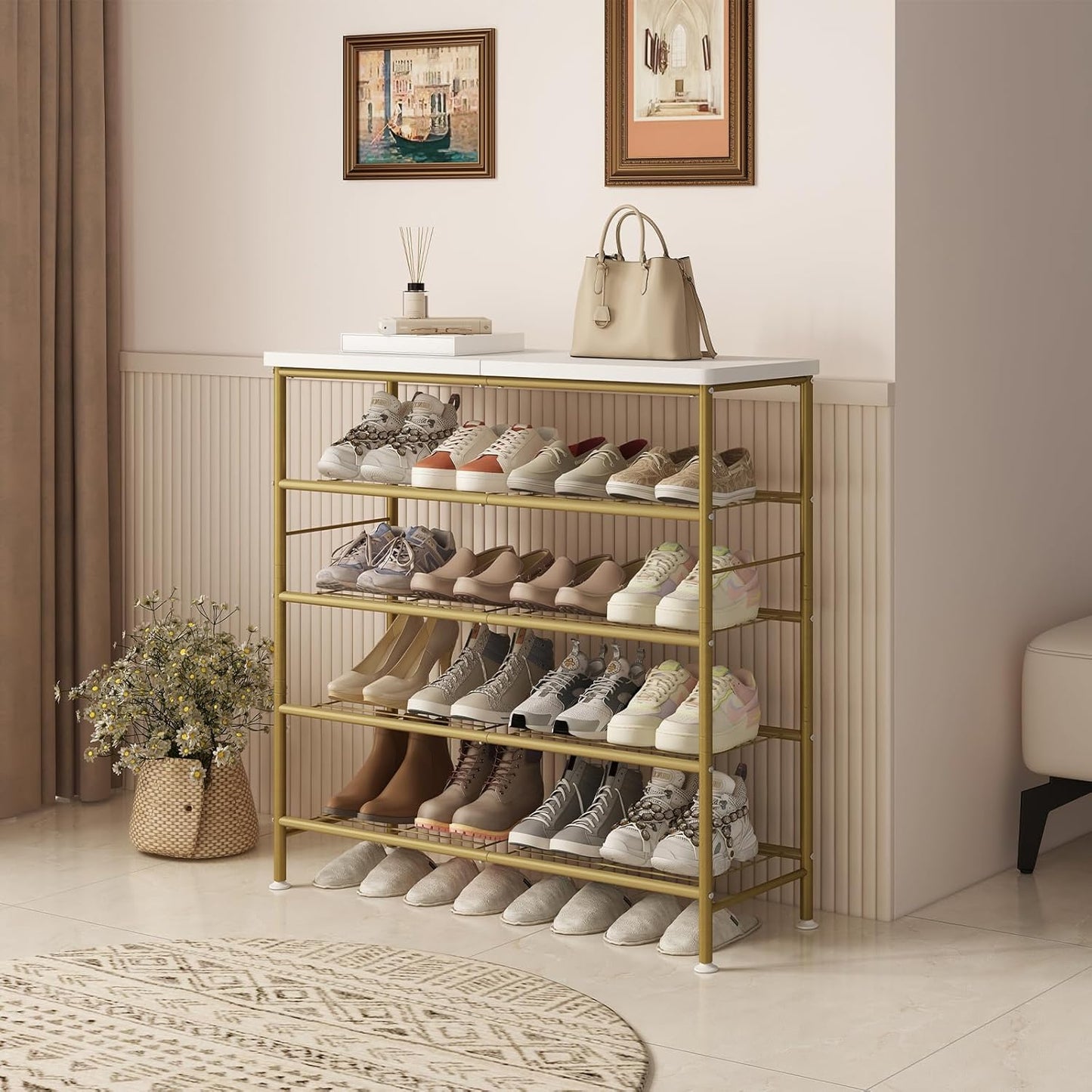 Shoe Rack Organizer 5 Tier for Closet Entryway Free Standing Metal Storage Shoe Shelf with MDF Top Board，Gold