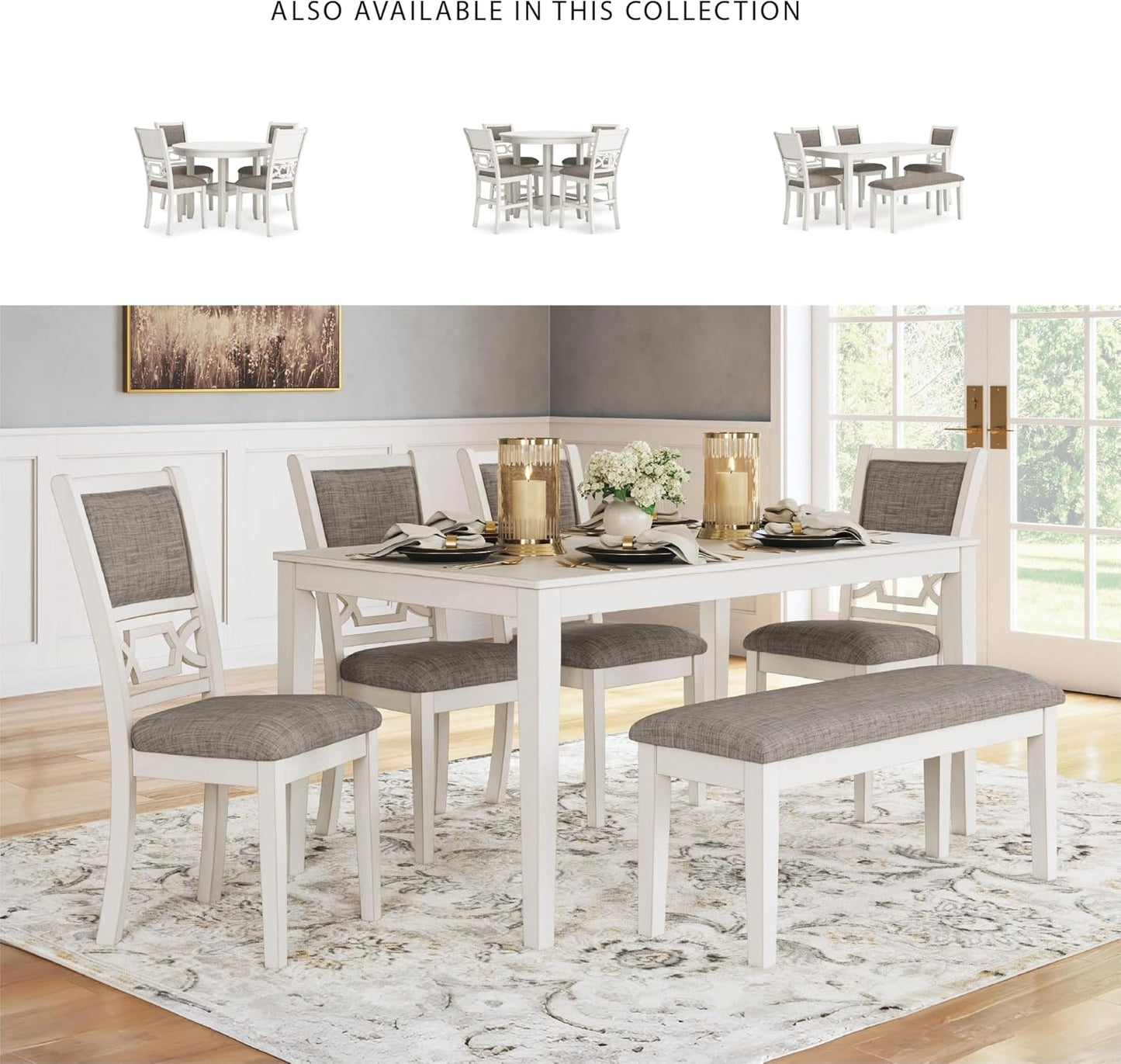 Signature Design by Ashley Erinberg Casual Dining Table with 4 Armless Upholstered Chairs and Bench, Set of 6, White & Light Gray