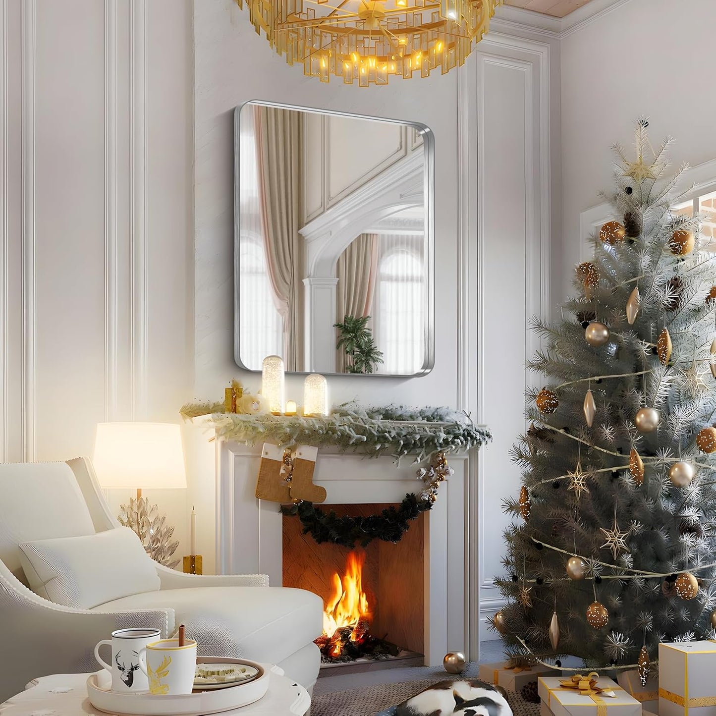 FORBATH 48x36 Inch Bathroom Mirror, Brushed Silver Deep Frame Wall Mirror with Rounded Corners, Anti-Rust Tempered Glass for Modern Farmhouse Vanity (Horizontal/Vertical Hanging)