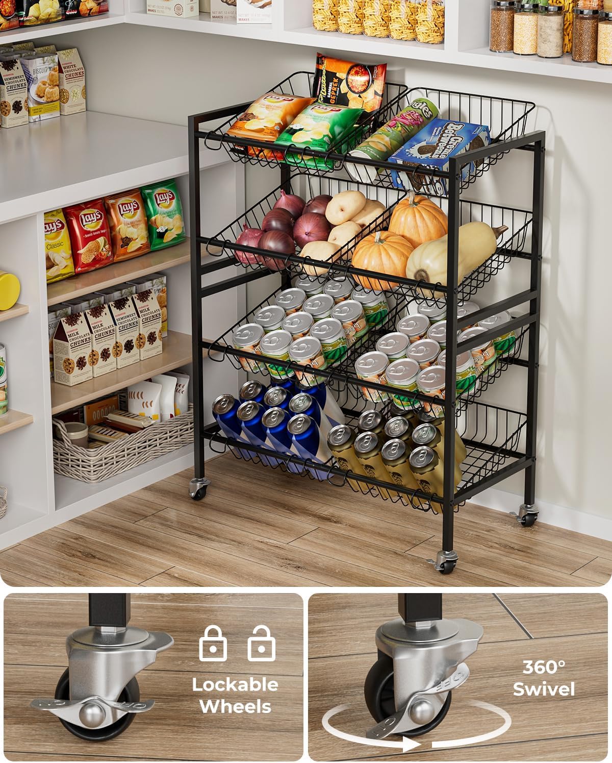 25.2''W Kitchen Storage Cart, Rolling Snack Cart, 4 Tier Fruit Basket Stand, Metal Pantry Storage with 8 Stackable Wire Baskets, Black