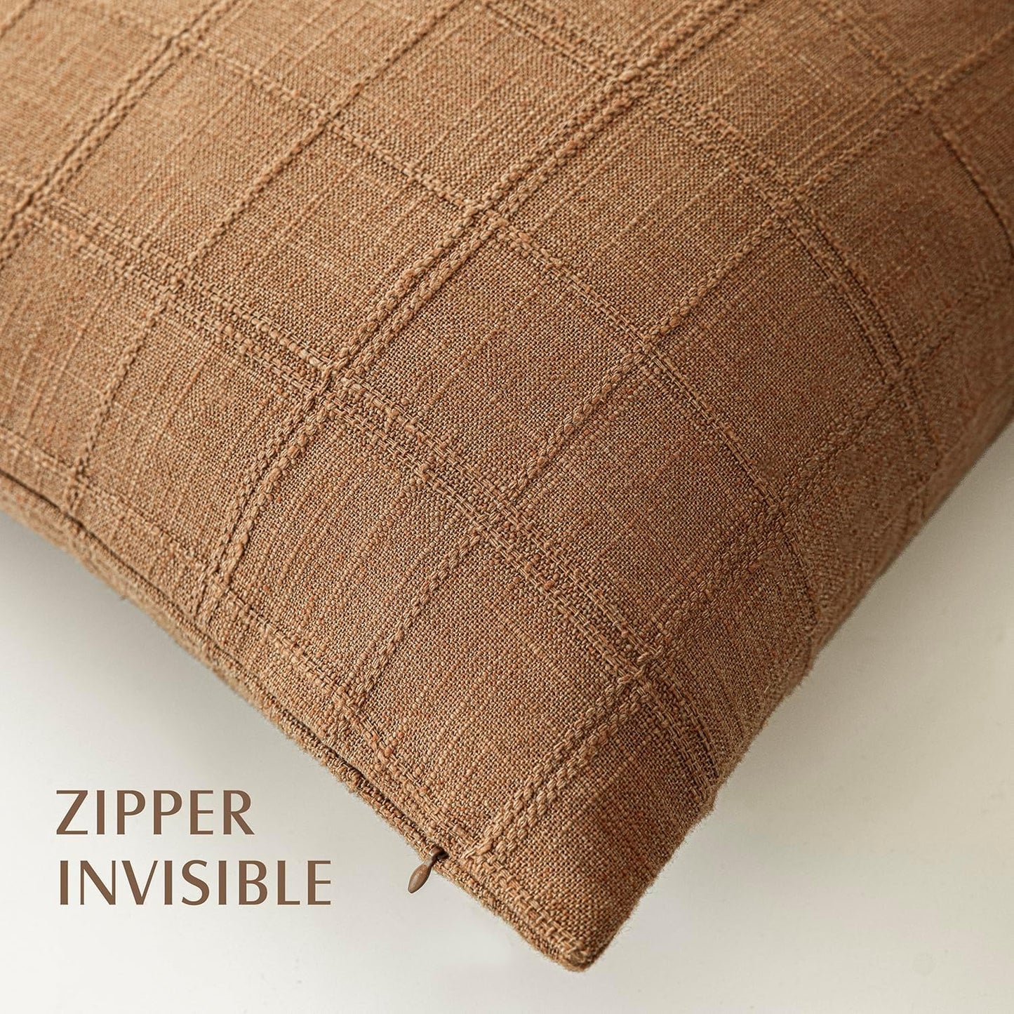 Foindtower Set of 2 Decorative Linen Check Throw Pillow Covers Neutral Farmhouse Vintage Cushion Covers Modern Boho Home Decor for Sofa Chair Couch Bedroom Living Room Outdoor,24×24 Inch,Brick