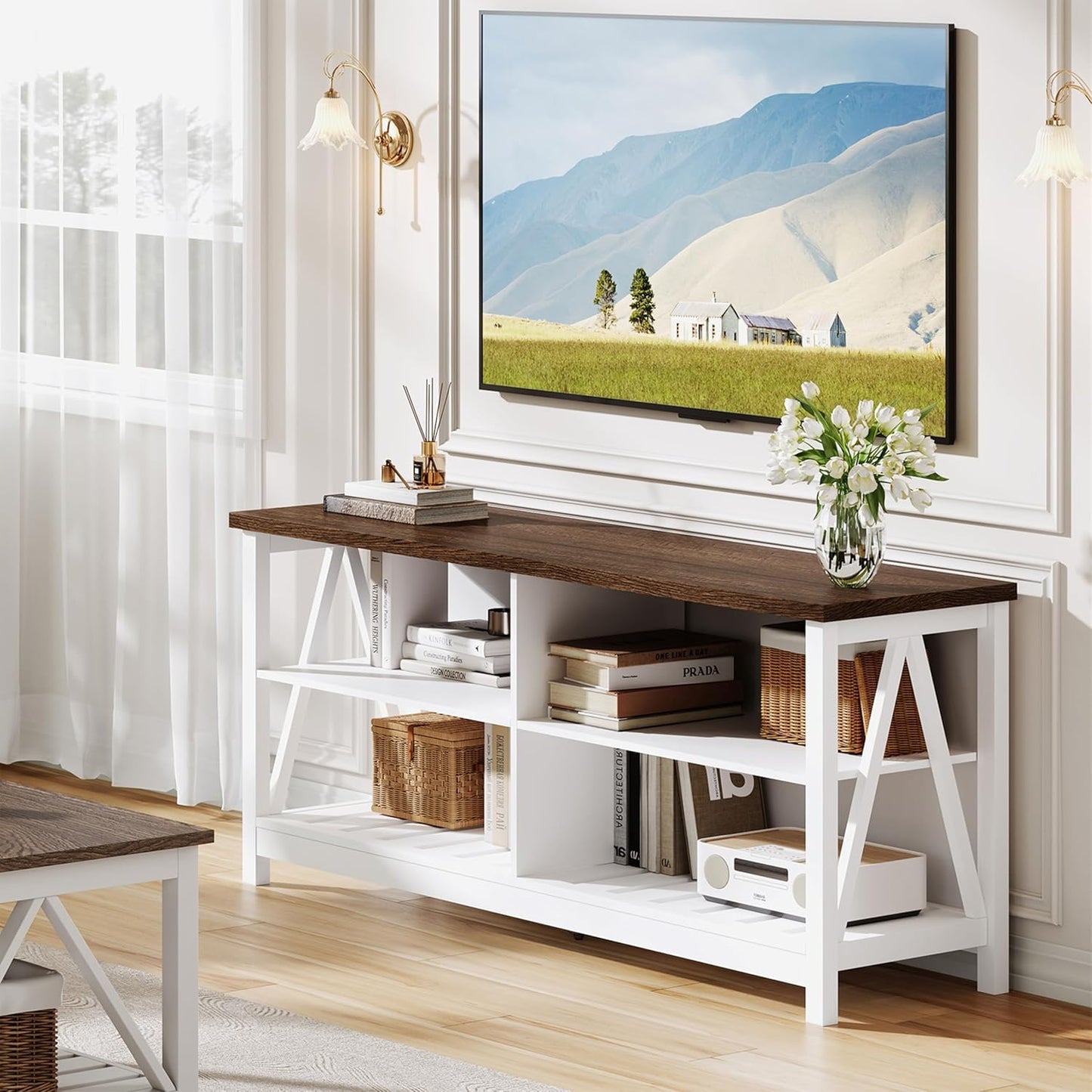 ChooChoo Farmhouse TV Stand for TVs up to 55 Inch, Modern Entertainment Center with 4 Open Shelves & Built-in Cable Holes, Media TV Console for Living Room, Bedroom, White