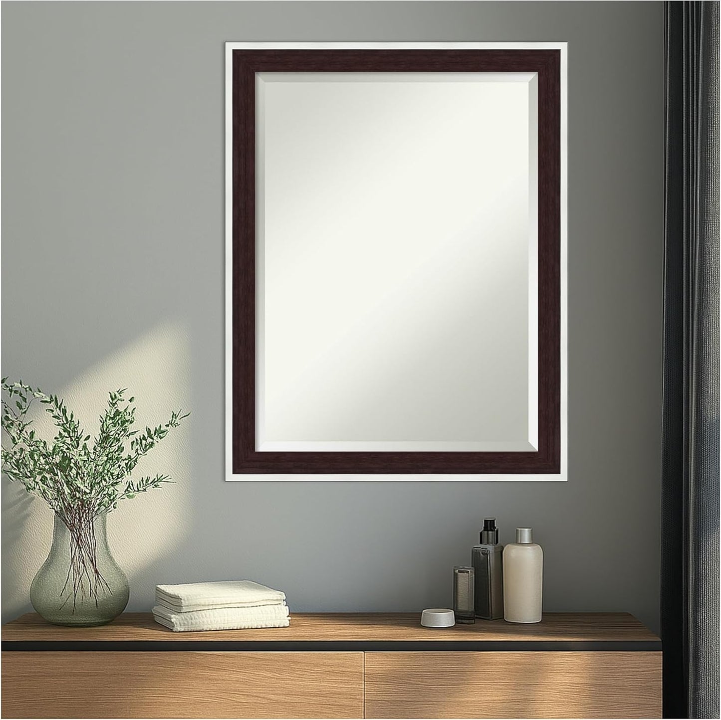 Amanti Art Wall Mirror 27x21 Maya Espresso Silver Rectangle Bathroom Mirror for Wall Decor Living Room, Medium Modern Contemporary Frame, Hangs Horizonally and Vertically, Bathroom Decor, Beveled Edge