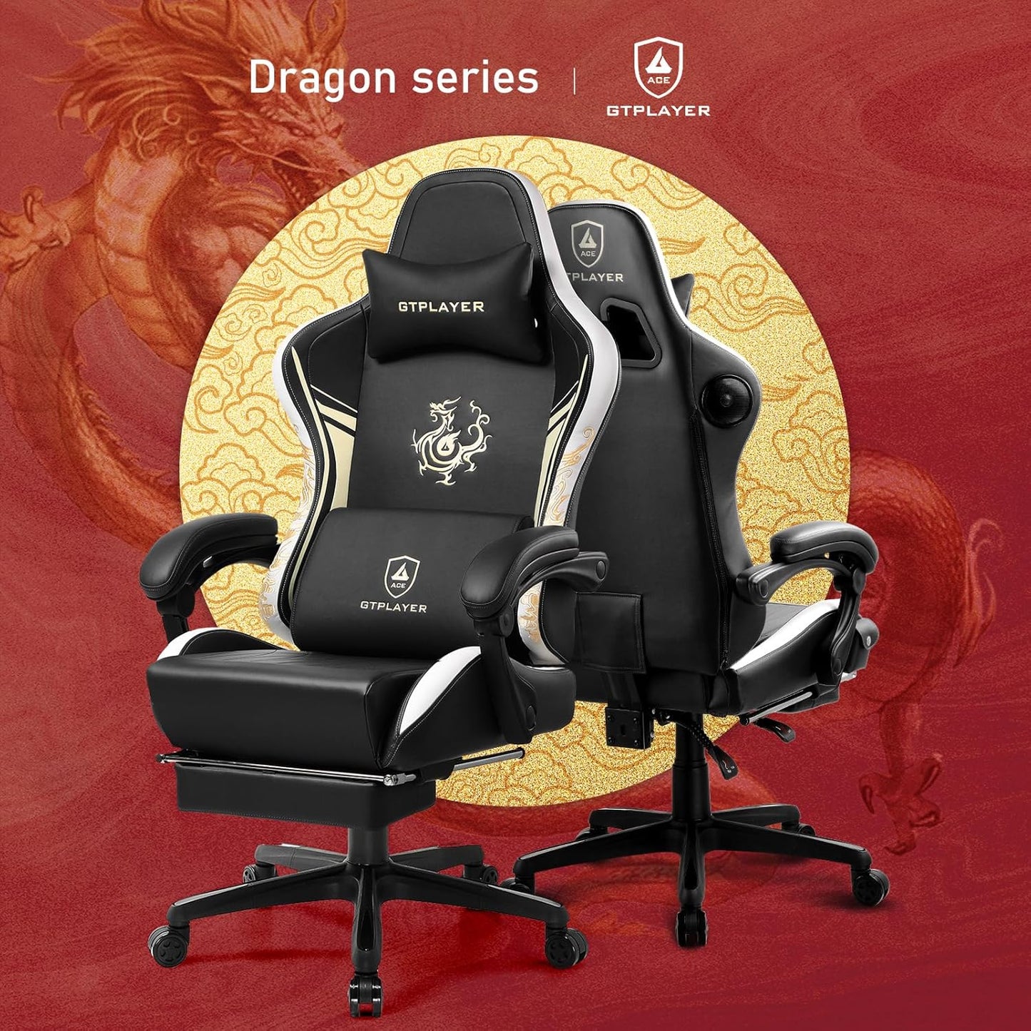 GTPLAYER Gaming Chair with Bluetooth Speakers and Footrest, Dragon Series Video Game Chair, Heavy Duty, Ergonomic, Esports Computer Office Chair, (Blackwhite)