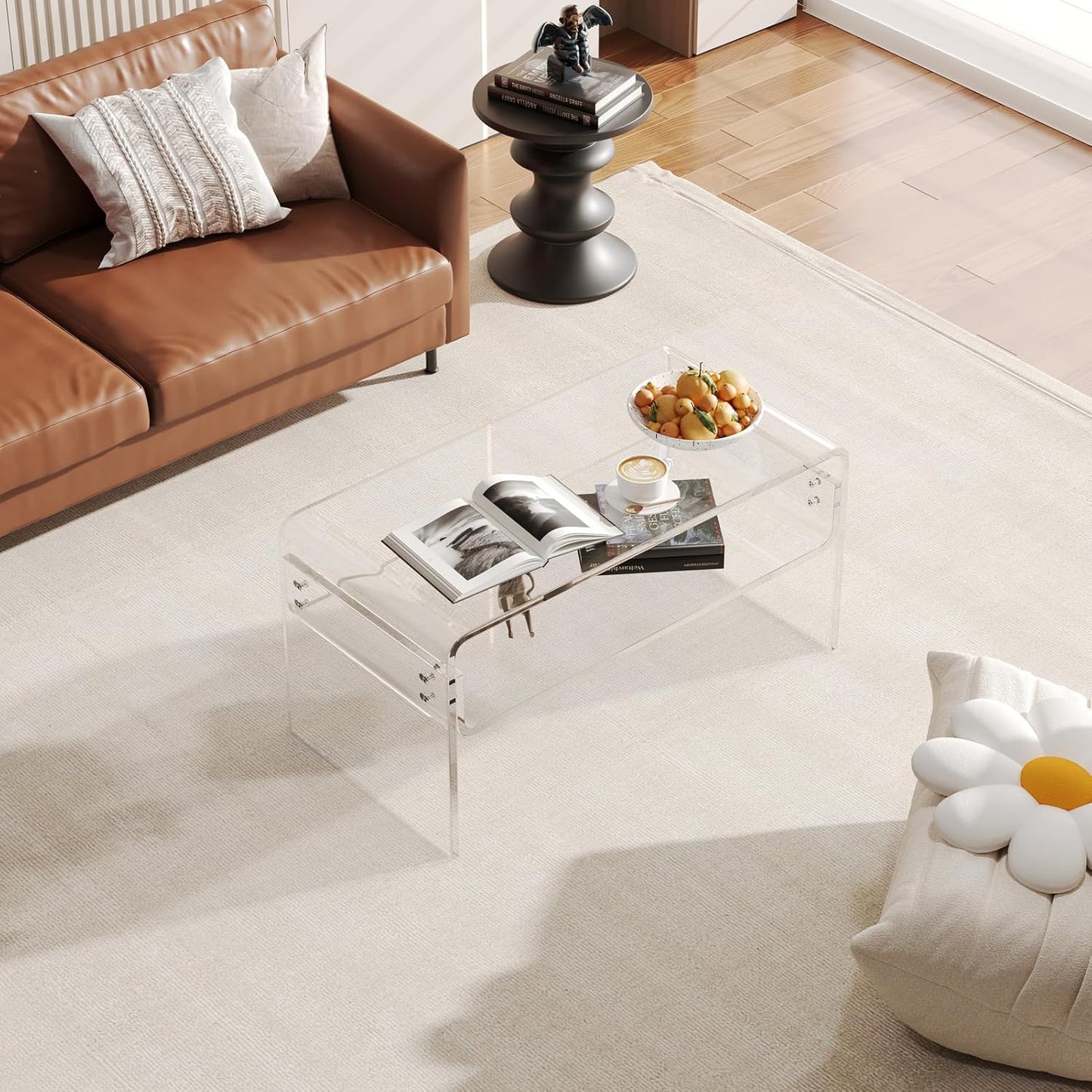 Acrylic Coffee Table, Clear Rectangle Side Table Furniture, Modern Tea Table With Open Storage, End Table for Living Room, Office Reception and Bedroom