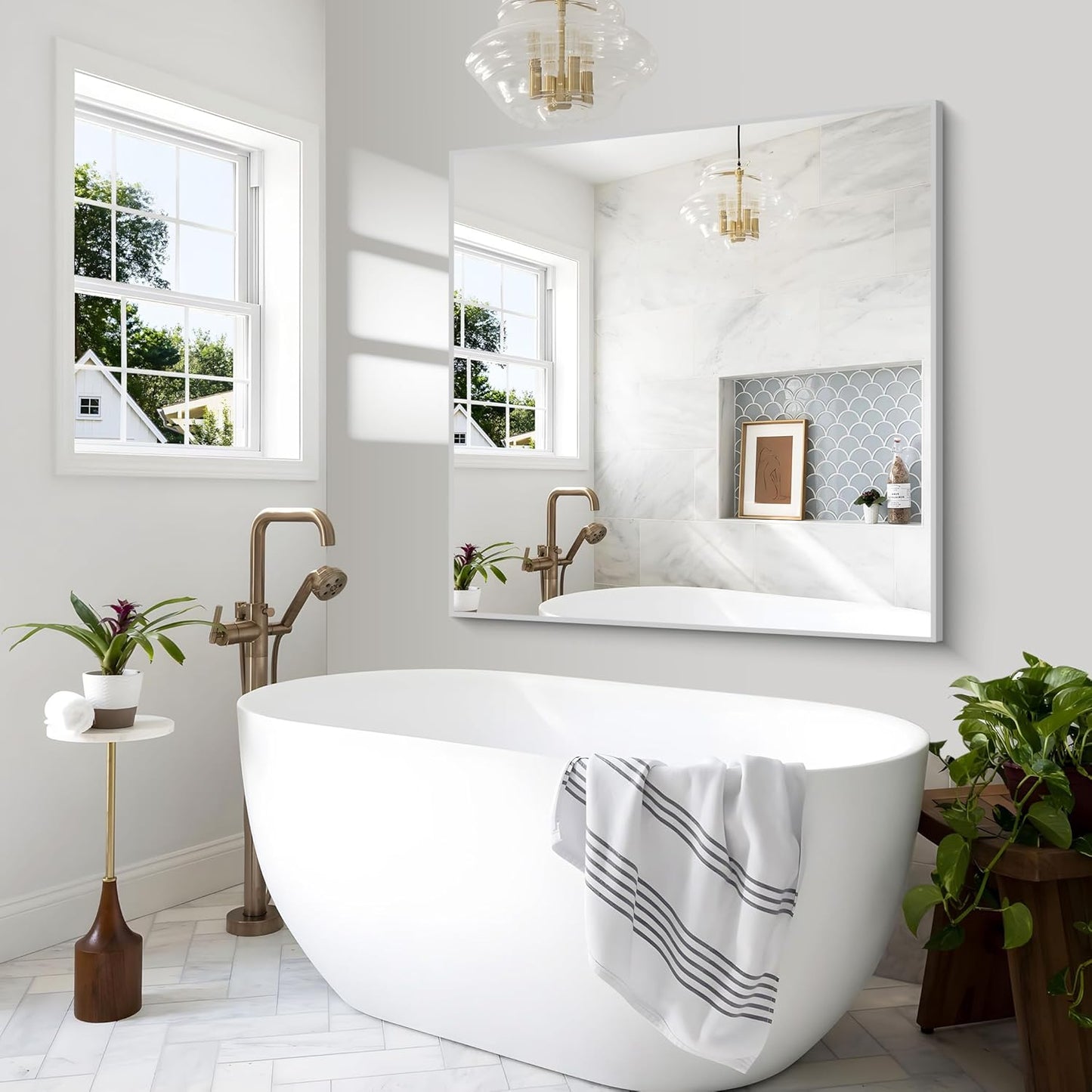 BONEWEI Silver Bathroom Mirror,48x48 inch Wall Mirror for Bathroom Wall Mounted,Large Rectangle Mirror for Bathroom Over Sink,Modern Metal Frame for Living Room,Bedroom Entryway,Horizontal/Vertical