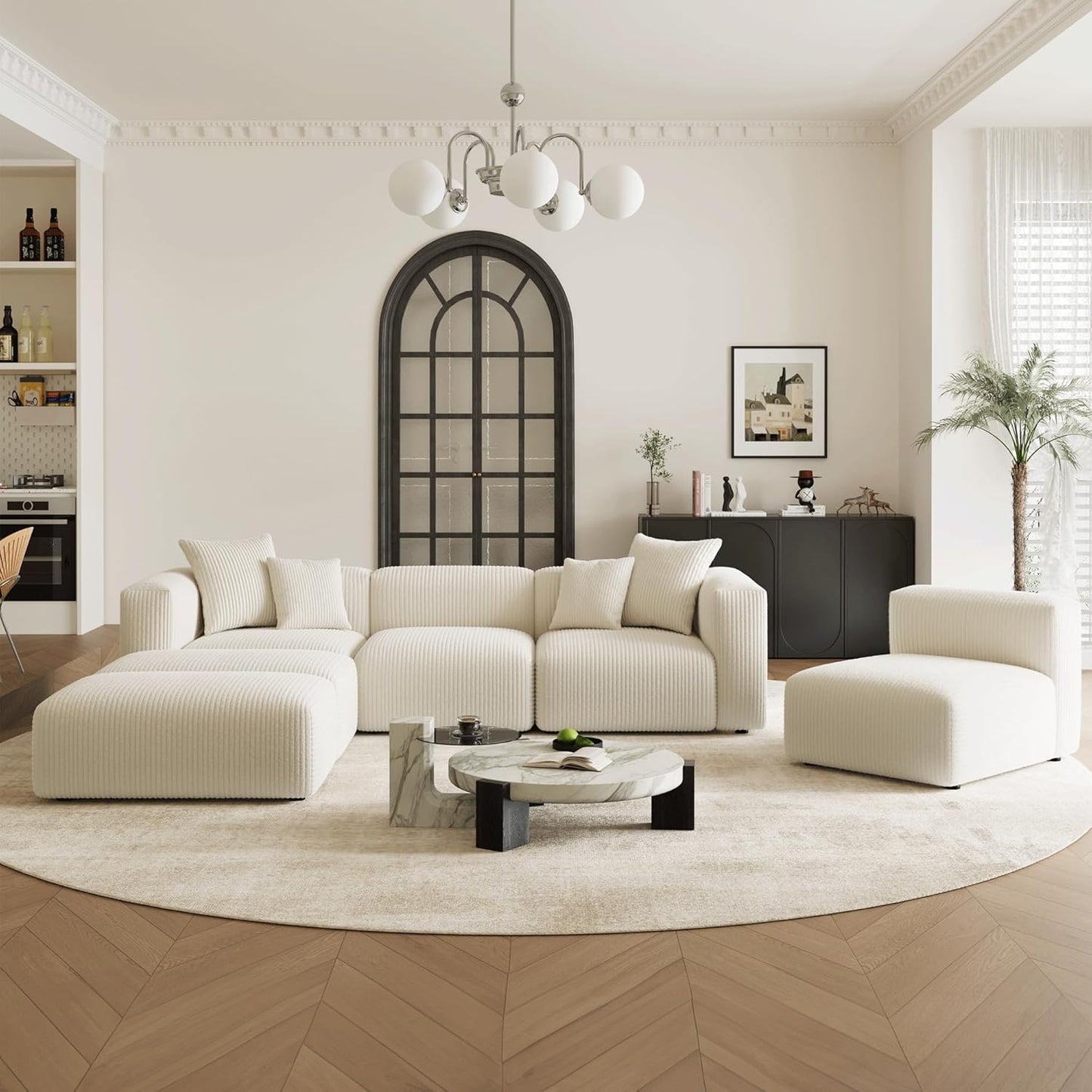 Acanva Convertible Modular Sectional Sofa with Movable Ottomans, Free Combination Corduroy Couch for Living Room Apartments, U-Shaped, White