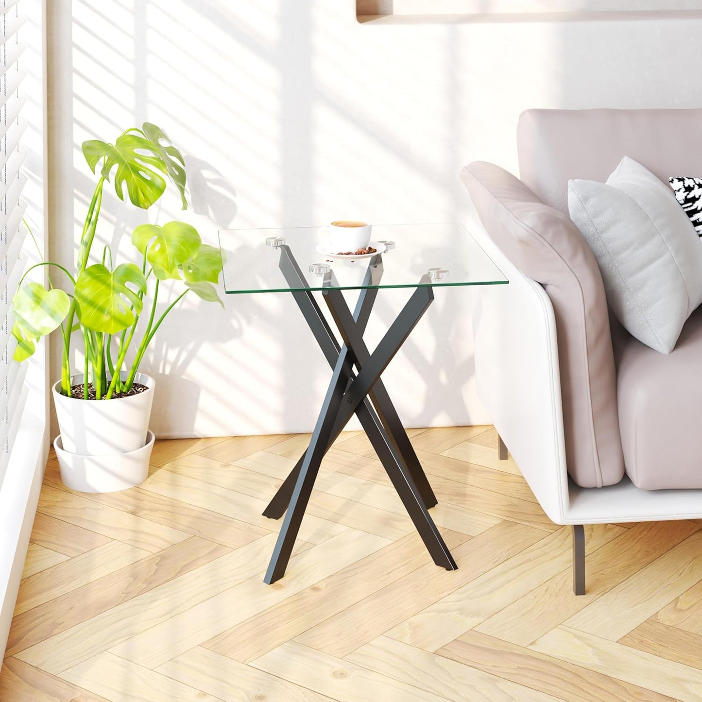 Side Table Set of 2, Modern Stylish End Tables with Tempered Glass Top and Black Metal Legs,Durable Sofa Side Tables for Living Room Bedroom