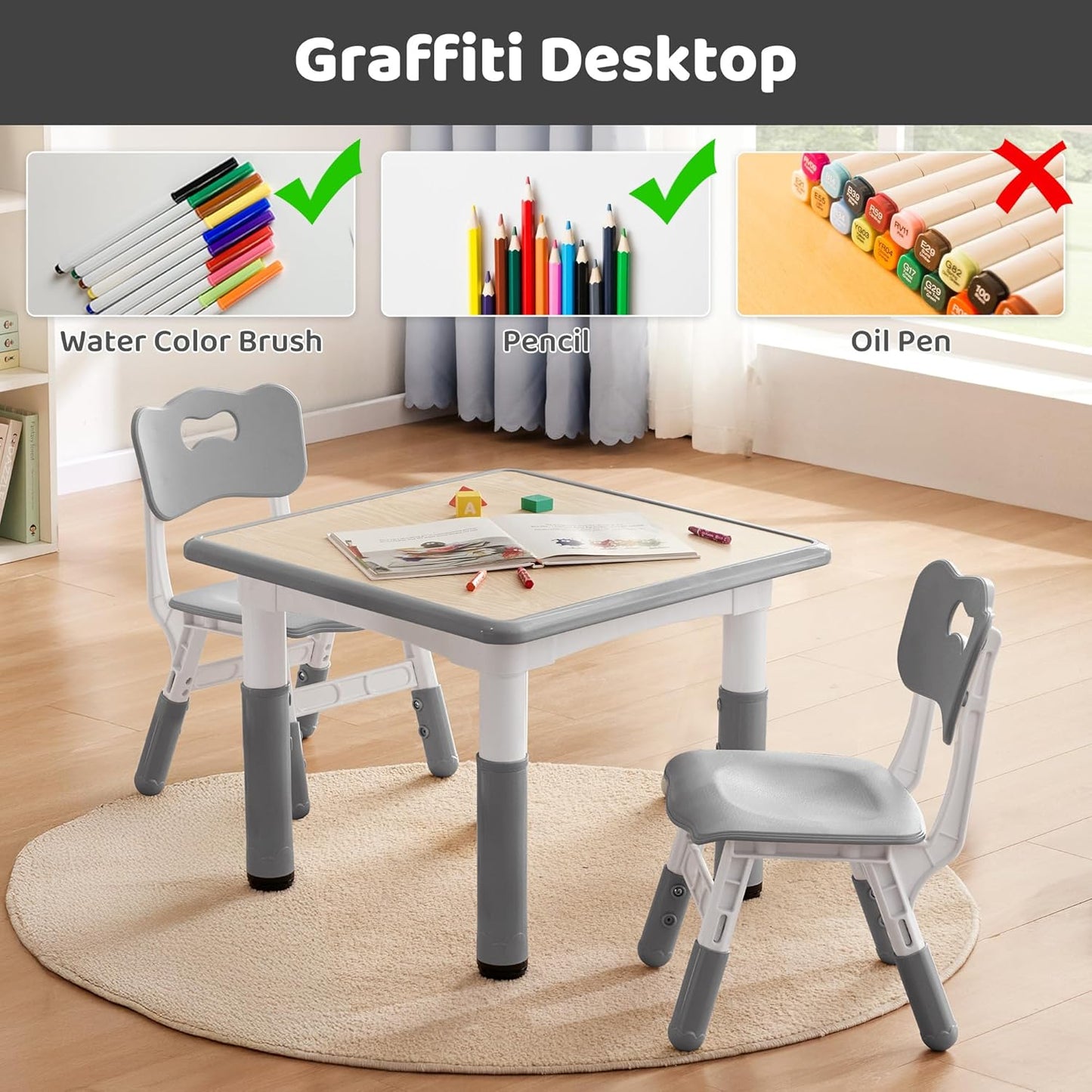Kids Table & Chairs Set (2 Chairs) Height Adjustable for Ages 2-8 | Non-Slip Toddler Activity Table with Wipe-Clean Desktop, Montessori Learning & Art Drawing Table for Home Preschool
