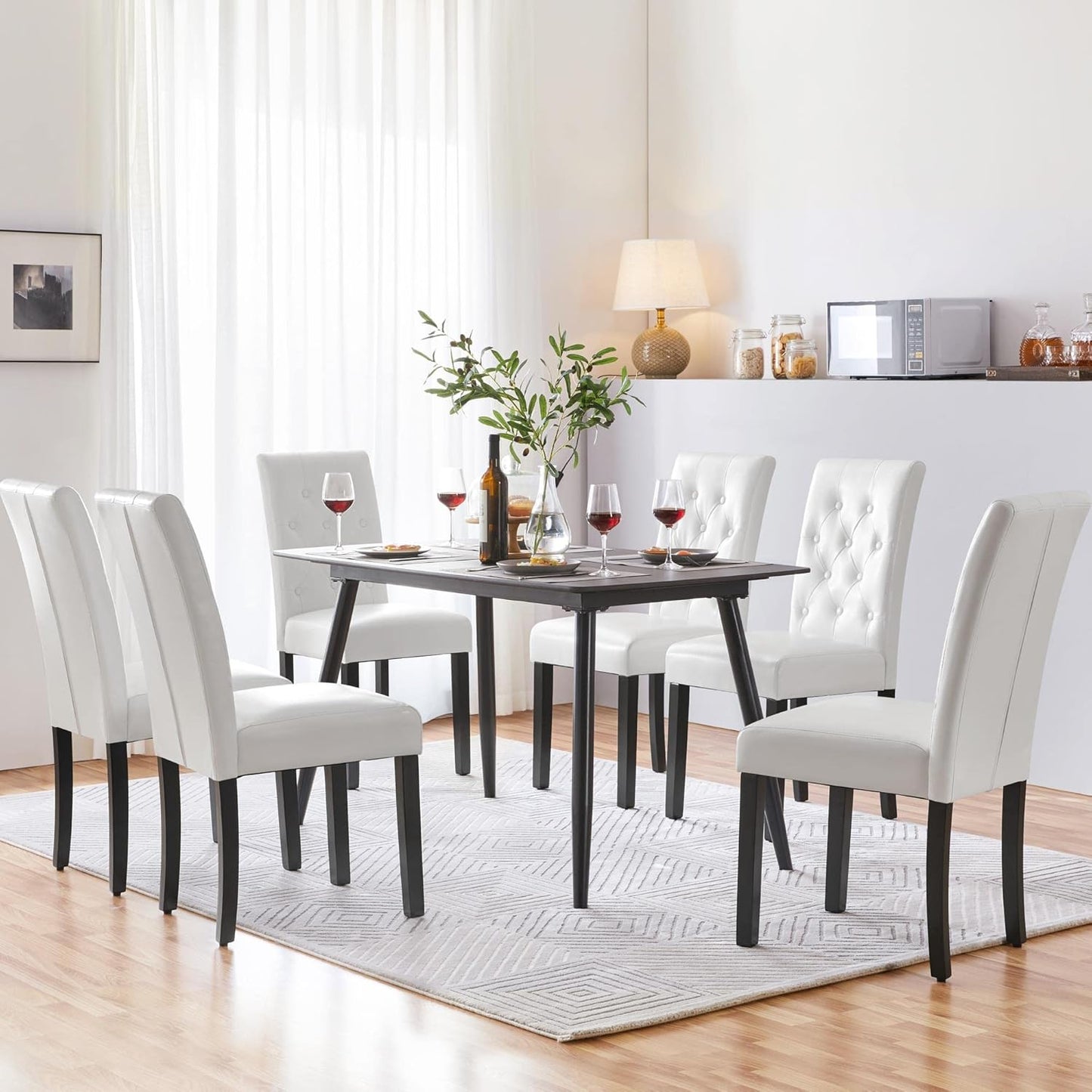 Yaheetech Dining Chairs Set of 6 Modern Style Faux Leather Dining Room Chairs with Solid Wood Legs and Button Tufted Padded for Home Kitchen, White