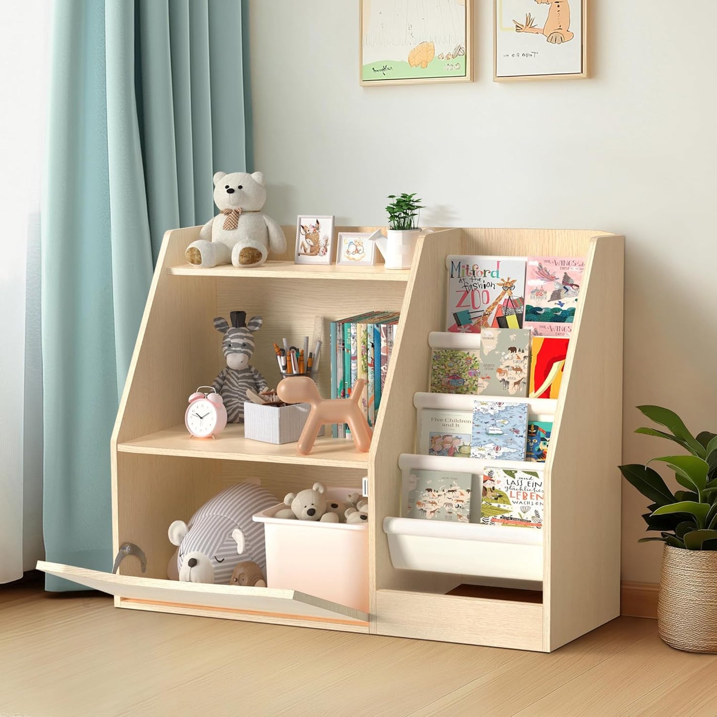 TOETOL 2 Tier Kids Bookshelf and Book Storage，4 Sling Toddler Bookshelf, Storage Boxes Book Shelf & Organizer for Nursery Playroom Classroom Library Bedroom Natural Wood