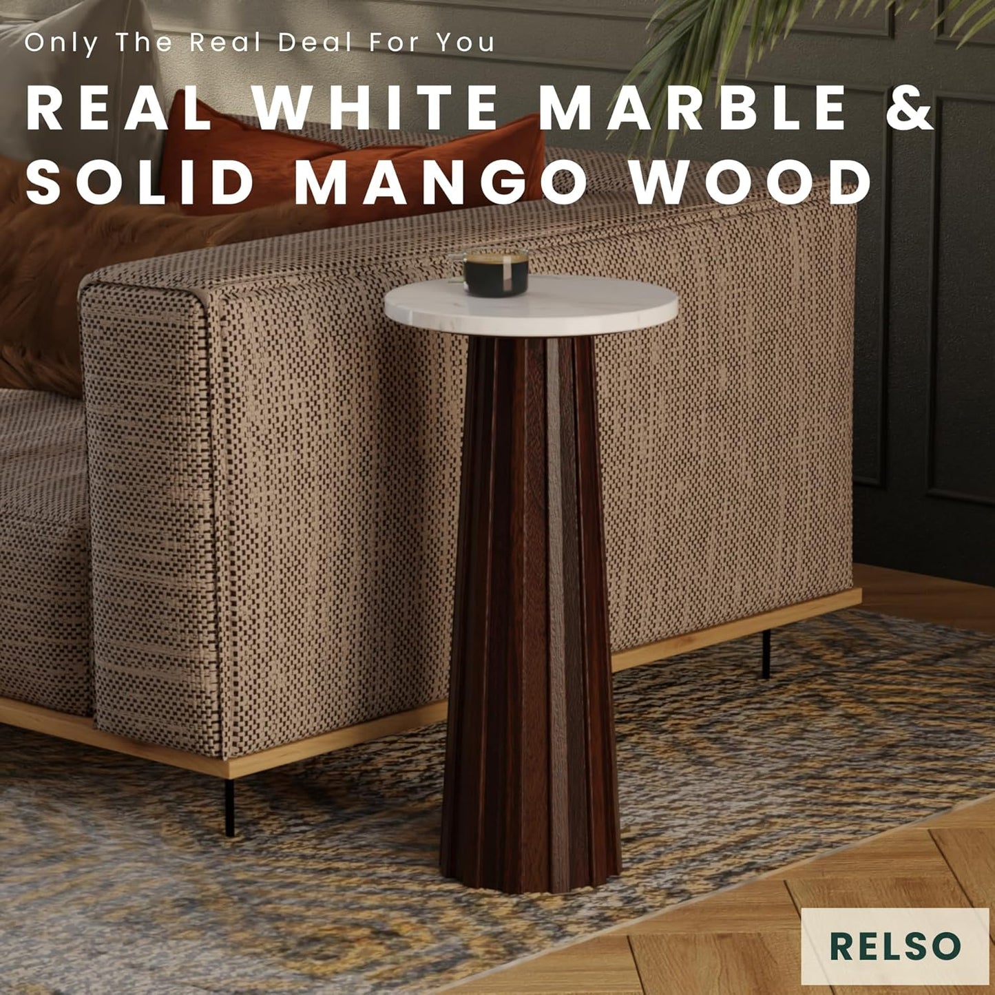 Ma'gro Drink Table – Solid Mango Wood Fluted Base with Real White Marble Top | Farmhouse Accent Side Table for Boho Decor, Bedside, Entryway, Plant Stand, Night Stand & Small Living Spaces