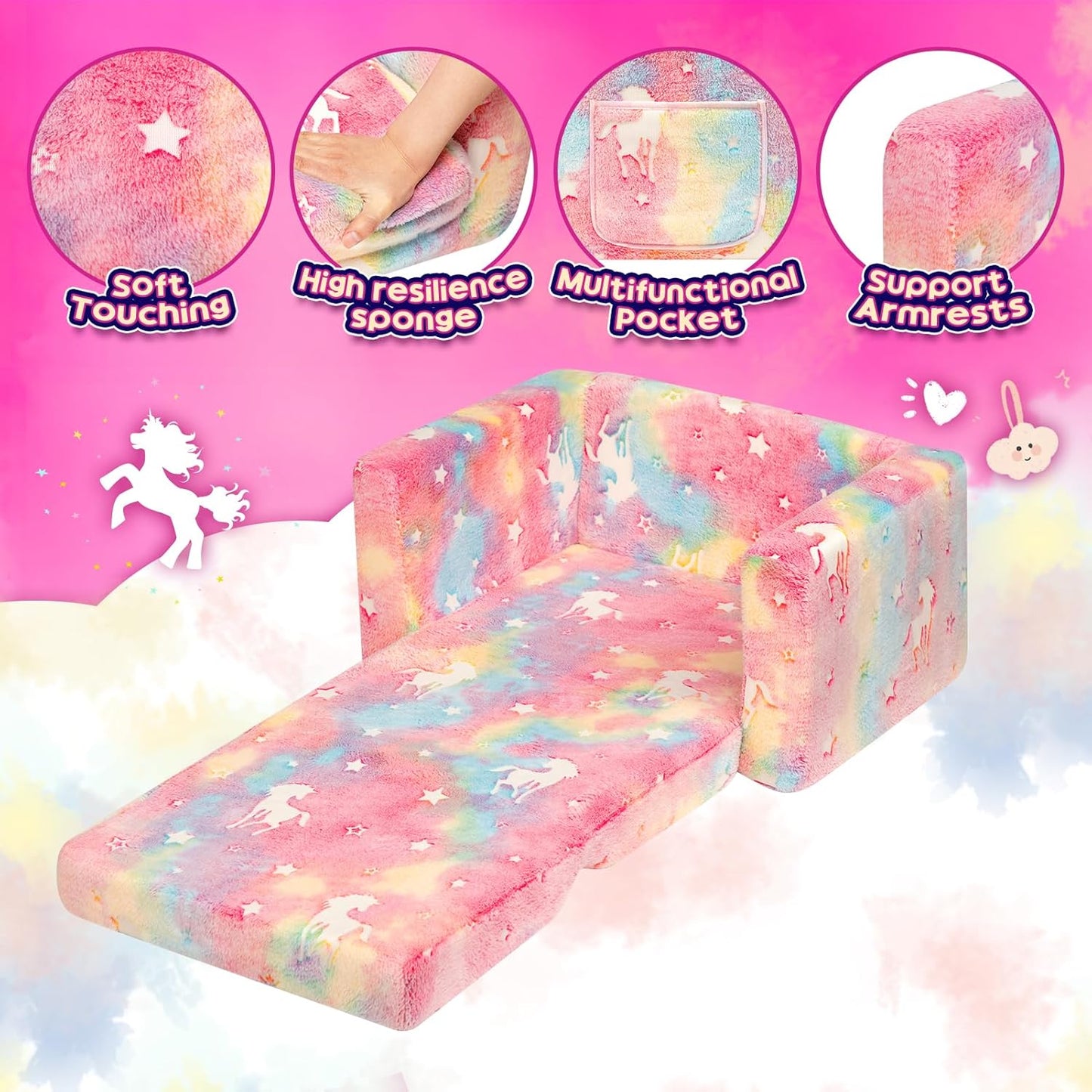 ALIMORDEN 2-in-1 Flip Out Cuddly Sherpa Toddler Couch, Convertible Sofa to Lounger,Glow-in-The-Dark Unicorn Pattern