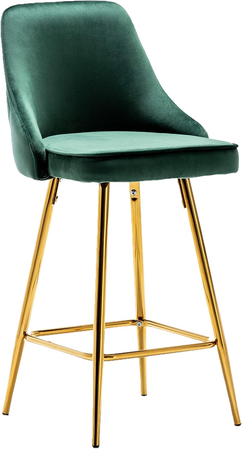 BTEXPERT Set of 2 Pack, upholstered Dining Bar Chairs Footrest High Back Counter Height Barstools Stool, Tufted Green Velvet Gold Frame 25" Modern Kitchen Island