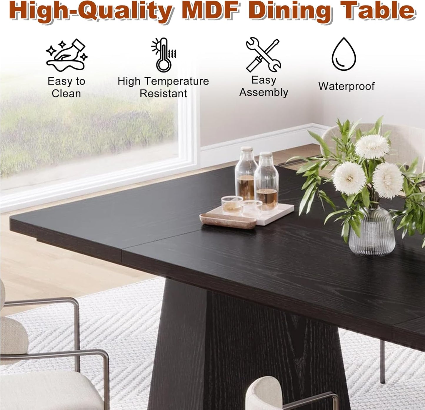 63 Inch Dining Table for 4-6, Modern Kitchen Dinner Table with Double Robust Pedestal, Wood Rectangular Eating Tables for Living Room, Dining Room, Dark Black