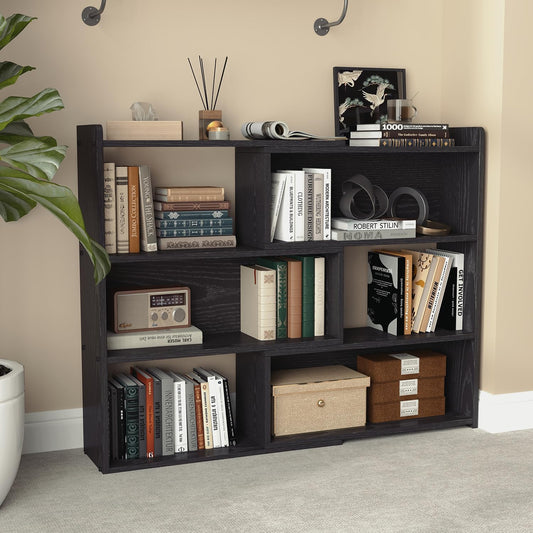 Open Shelf Low Bookcase,Wooden 4-Tier Floor Standing Expandable 25-47 inch Wide Bookcase,with Side Panels Frame for Home and Office