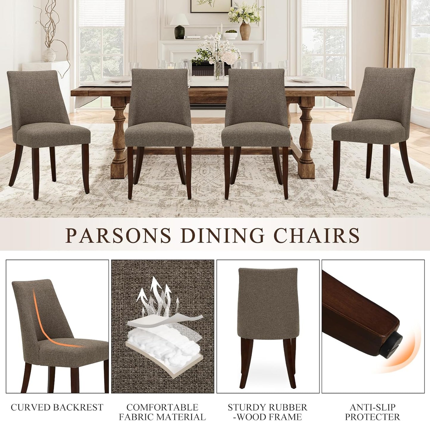 COLAMY Upholstered Dining Chairs Set of 6, Mid Century Modern Kitchen Chairs with Back, Farmhouse Fabric Side Dining Room Chairs with Wood Legs for Dining Room Restaurant, Brown