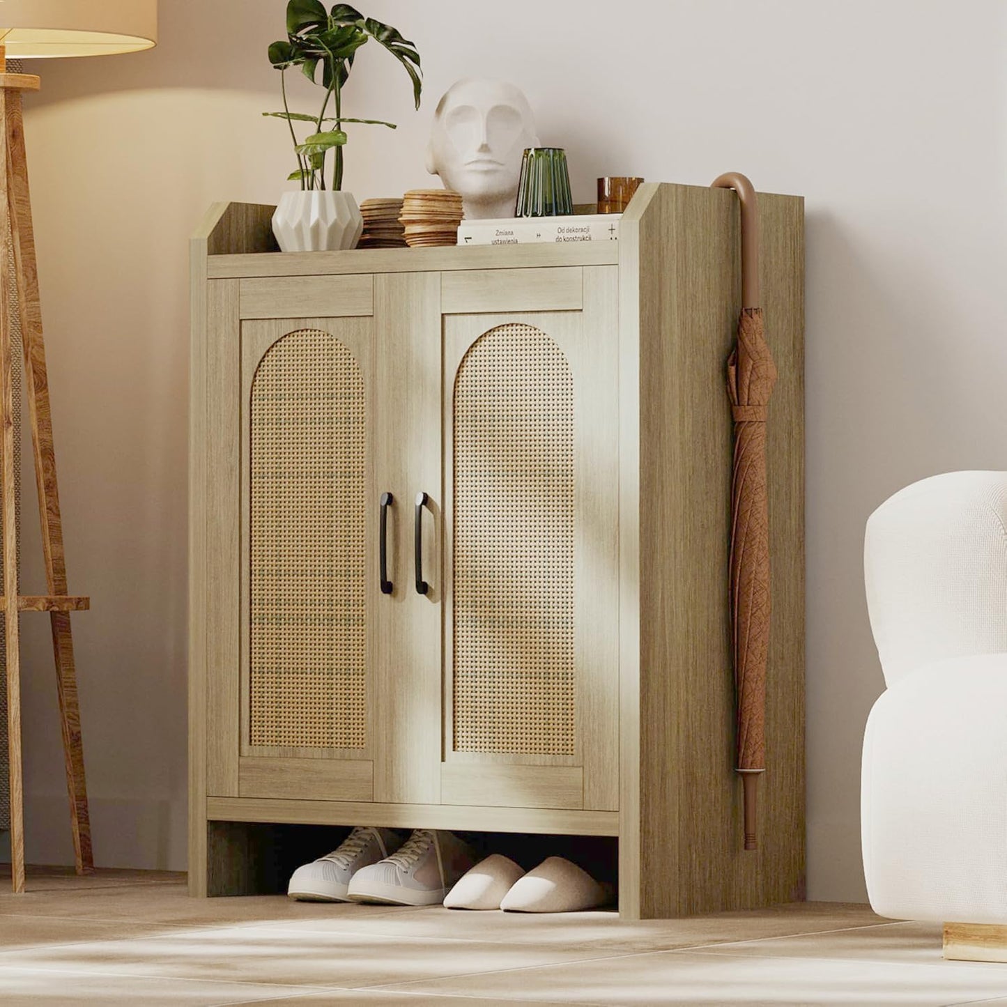 Shoe Cabinet Storage for Entryway, Rattan Storage Cabinet, Wooden Shoe Rack with Doors, Farmhouse Boho Wood Shoe Organizer Cabinet for Hallway (Oak)
