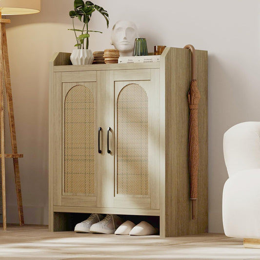 Shoe Cabinet Storage for Entryway, Rattan Storage Cabinet, Wooden Shoe Rack with Doors, Farmhouse Boho Wood Shoe Organizer Cabinet for Hallway (Oak)
