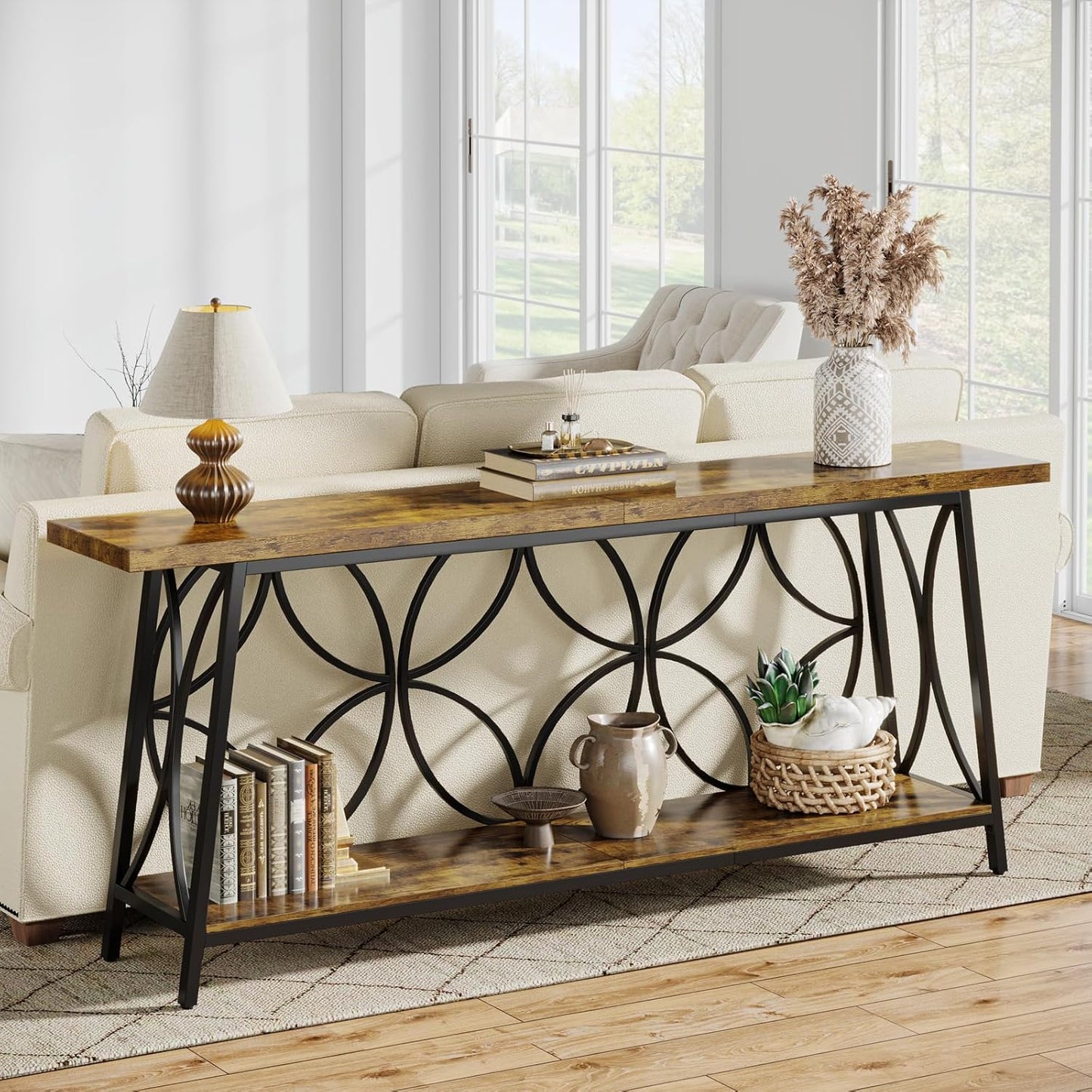 70.9-Inch Sofa Table, 2-Tier Narrow Console Table with Storage for Living Room, Entryway, Hallway, Foryer, Geometric Pattern Design (Rustic Brown)