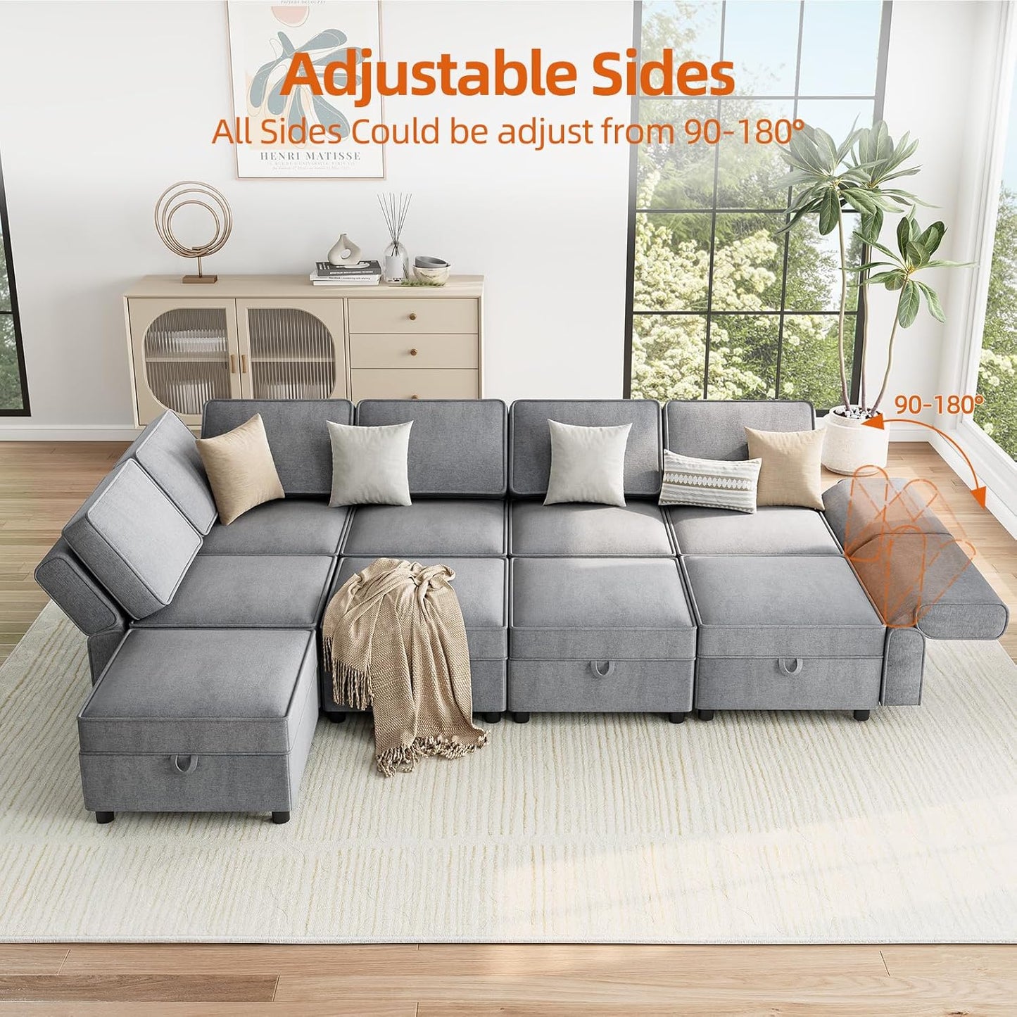 GAOMON 139.4" Chenille Reversible Sectional Sofa, 9-Seater Modular Sectional Sofa, Comfy Sectional Sleeper Sofa Couch with Chaise, U-Shape Modular Couch with Storage Seats & Ottomans, Grey