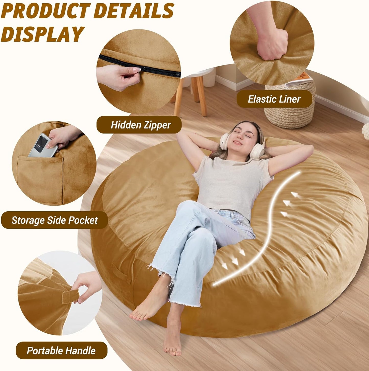 7FT Bean Bag Chair with Ultra Soft Velvet Cover Bean Bag Sofa with Memory Foam Bean Bag Chairs with Large Size Lazy Sofa for Dorm Office Living Room Bedroom Camel 7'