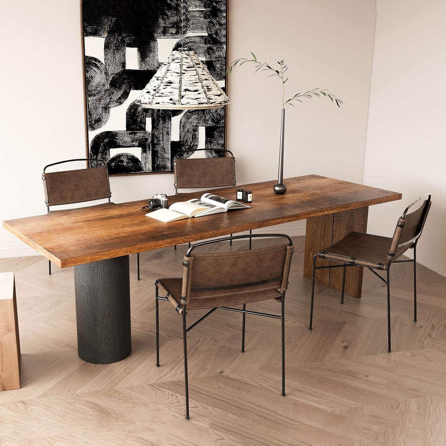 Mid-Century Modern Dining Chairs Set of 2, Brown PU Faux Leather Dining Chair Armless Dining Room Chairs with Black Metal Legs, High-End Stylish Kitchen Restaurant Dining Chairs