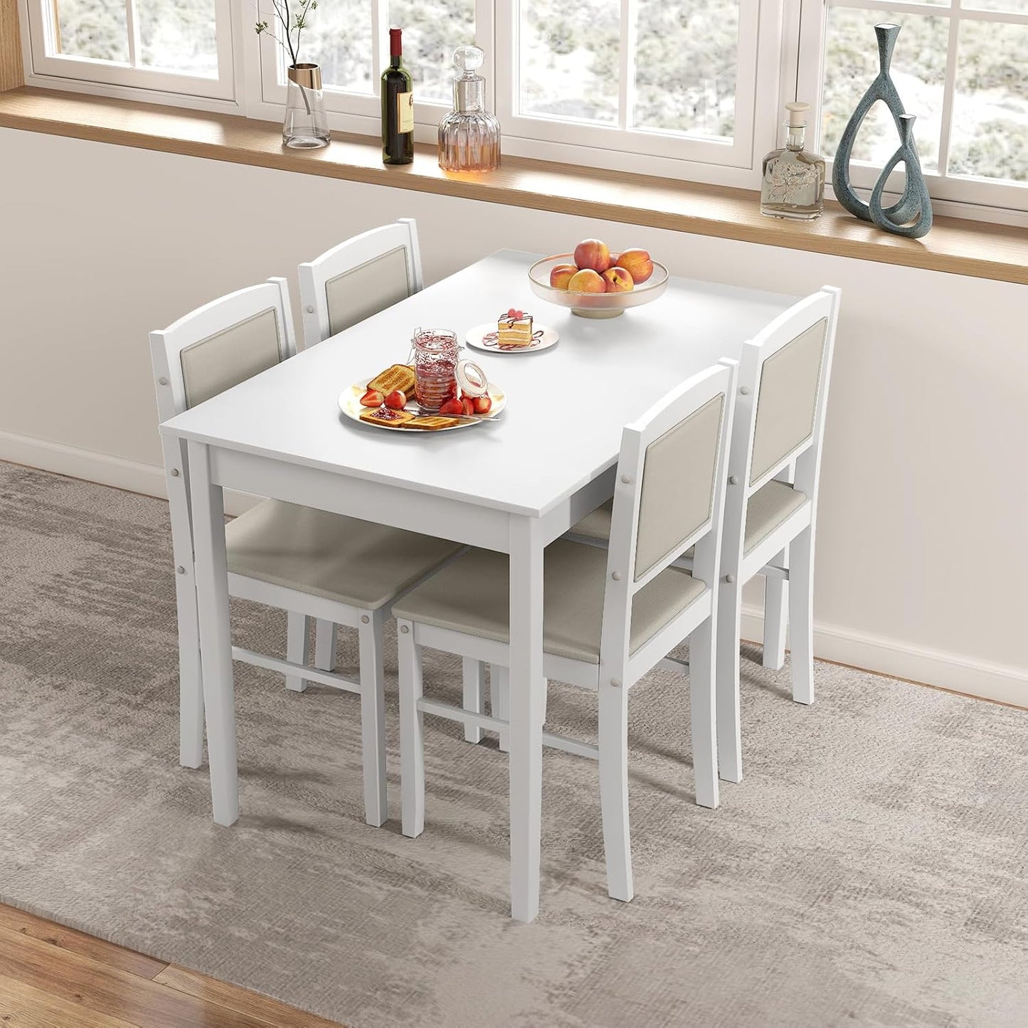 Giantex 5-Piece Dining Table Set for 4 - Breakfast Nook Table Set with Kitchen Table, 4 Upholstered Chairs, Wood Legs, Space-Saving Dinette Set, Kitchen Table Chairs Set of 4 (White+Beige)