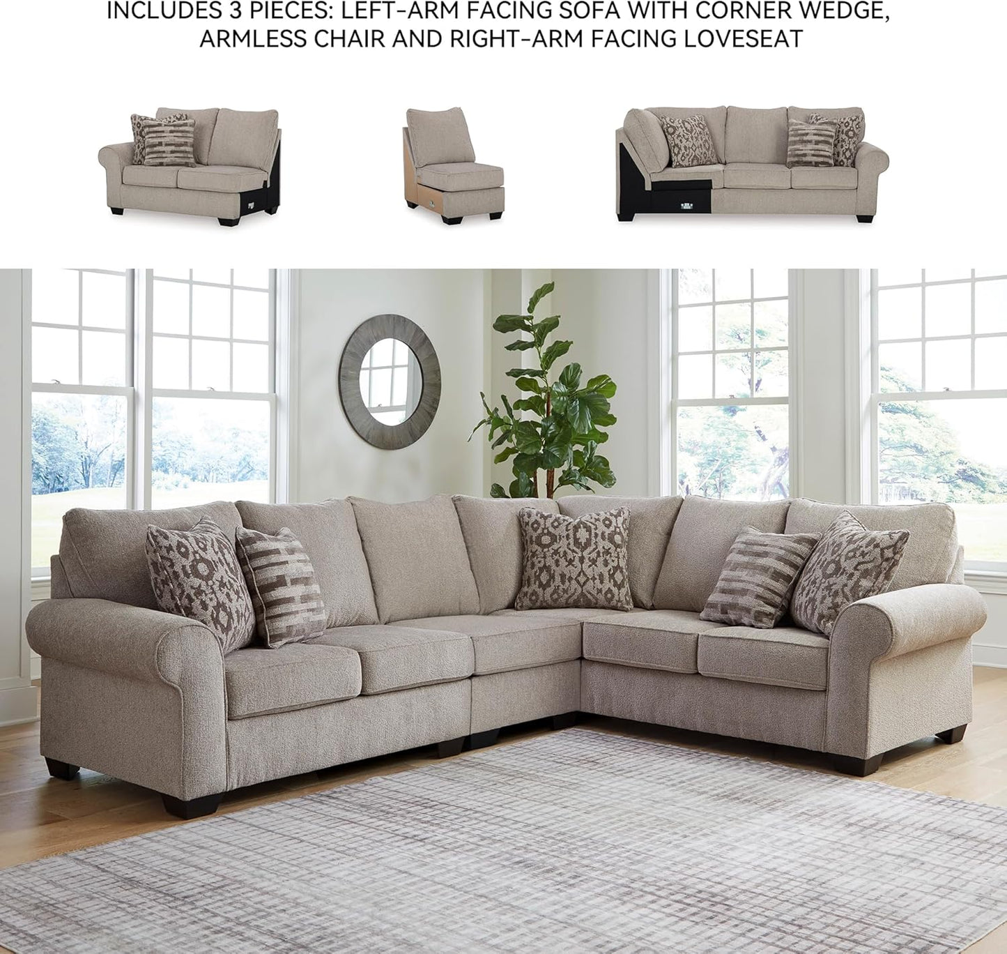 Signature Design by Ashley Claireah Casual L-Shaped 3-Piece Sectional with Loose Seat Cushions and 5 Accent Pillows, Beige