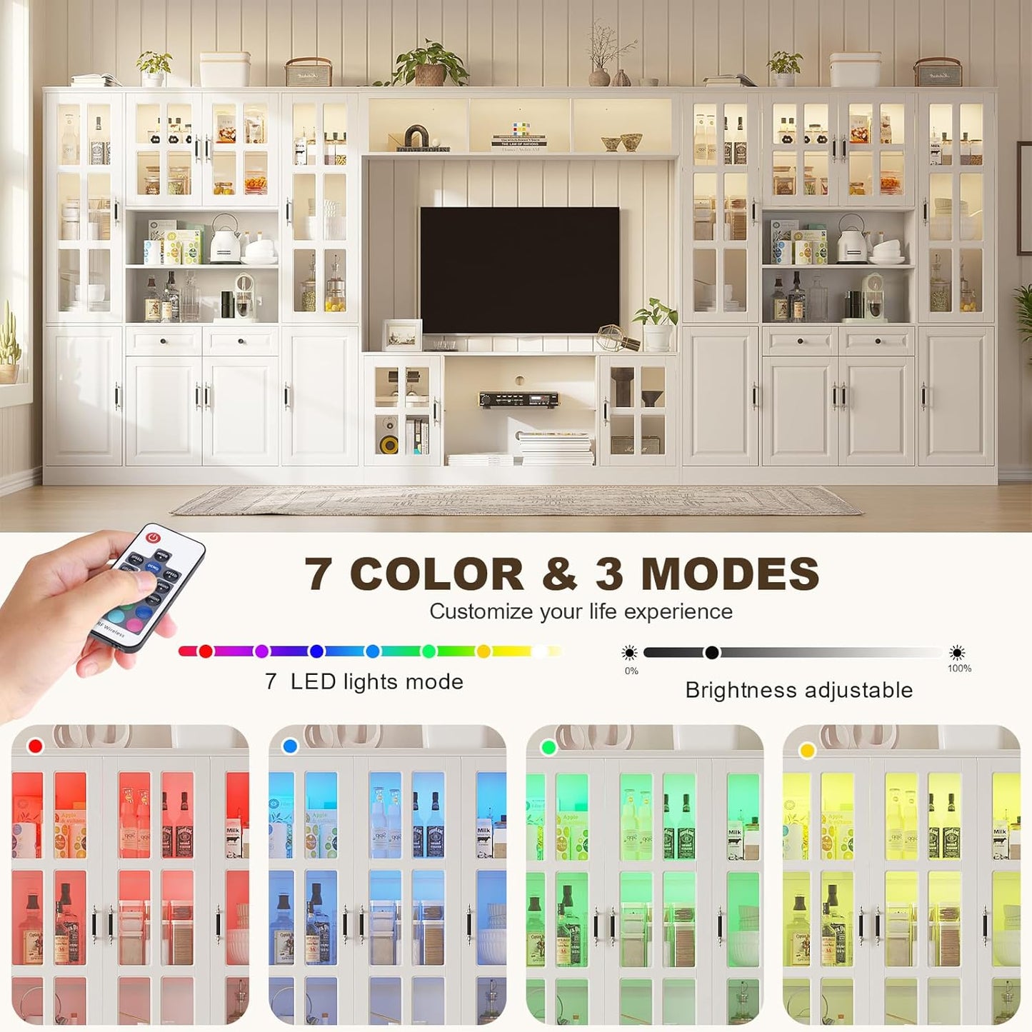 4-Piece Wall Unit TV Stand with Storage & LED Lights for TVs up to 75", Modern Entertainment Center with Bookshelves & 8-Door Pantry Cabinet, White