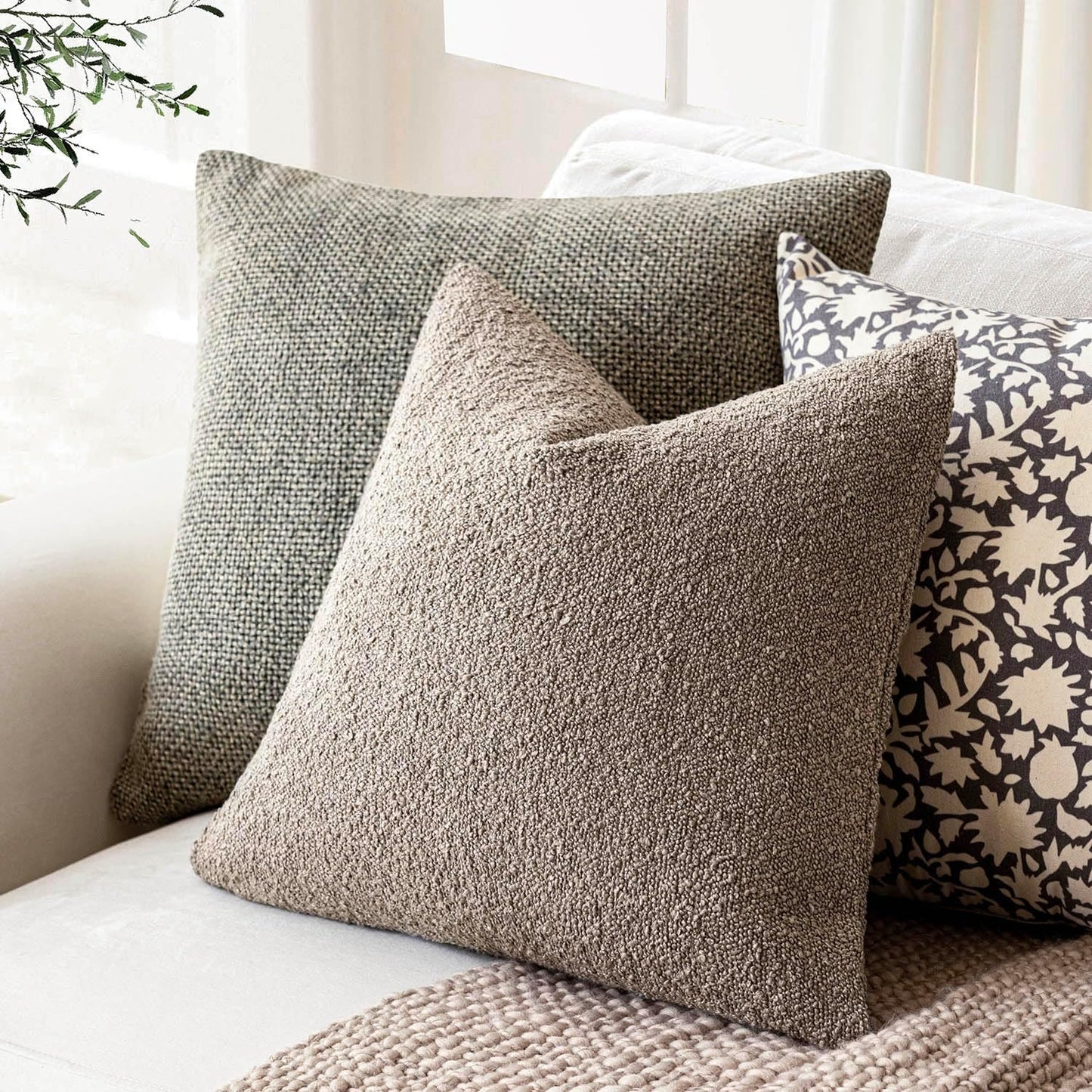 Foindtower Pack of 2 Textured Boucle Throw Pillow Covers Accent Solid Pillow Cases Cozy Soft Decorative Couch Cushion Case for Chair Sofa Bedroom Living Room Home Decor 20x20 Inch Light Taupe