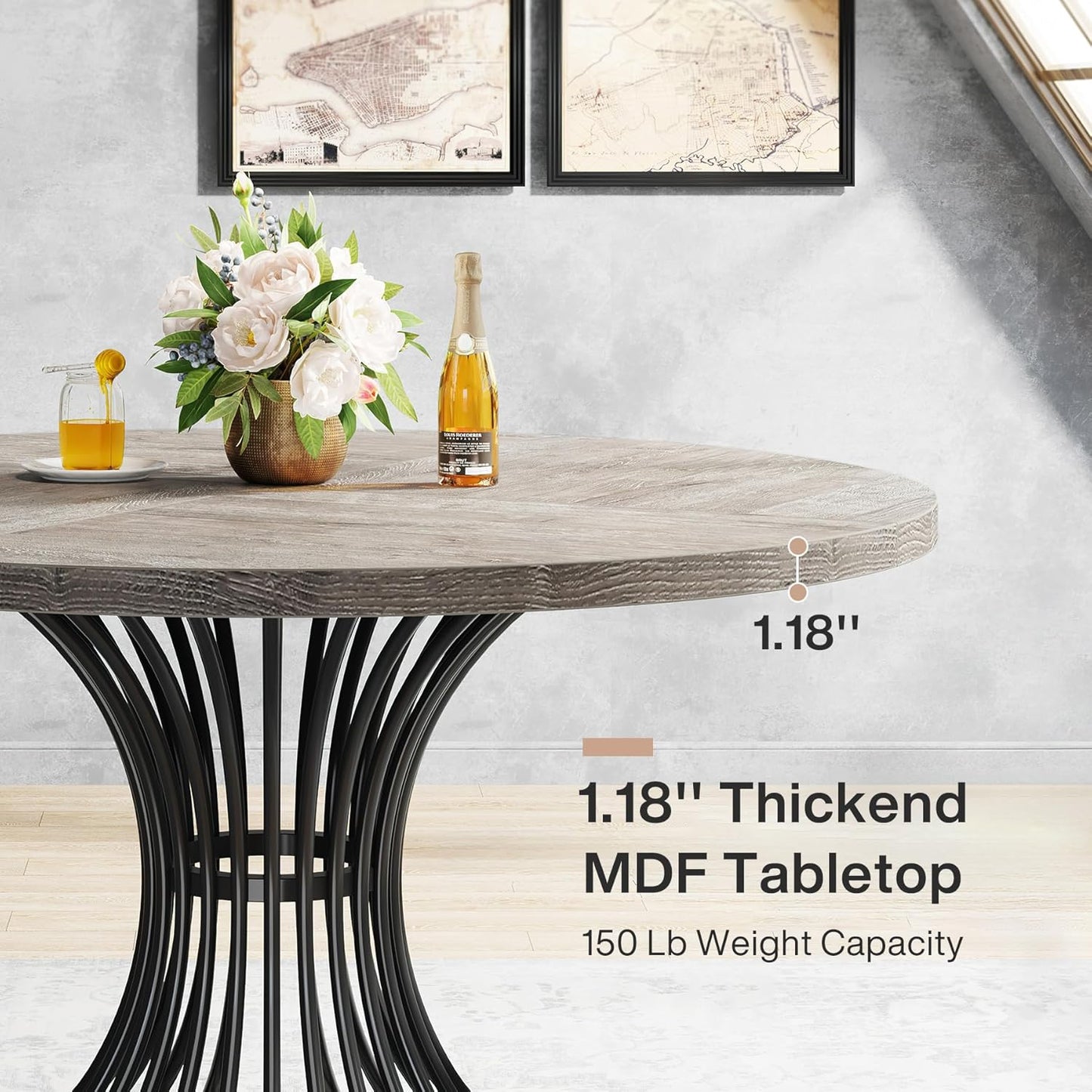 Tribesigns Round Dining Table, 47-Inch Farmhouse Dinning Room Table, Industrial Dinner Table with Metal Base, Grey