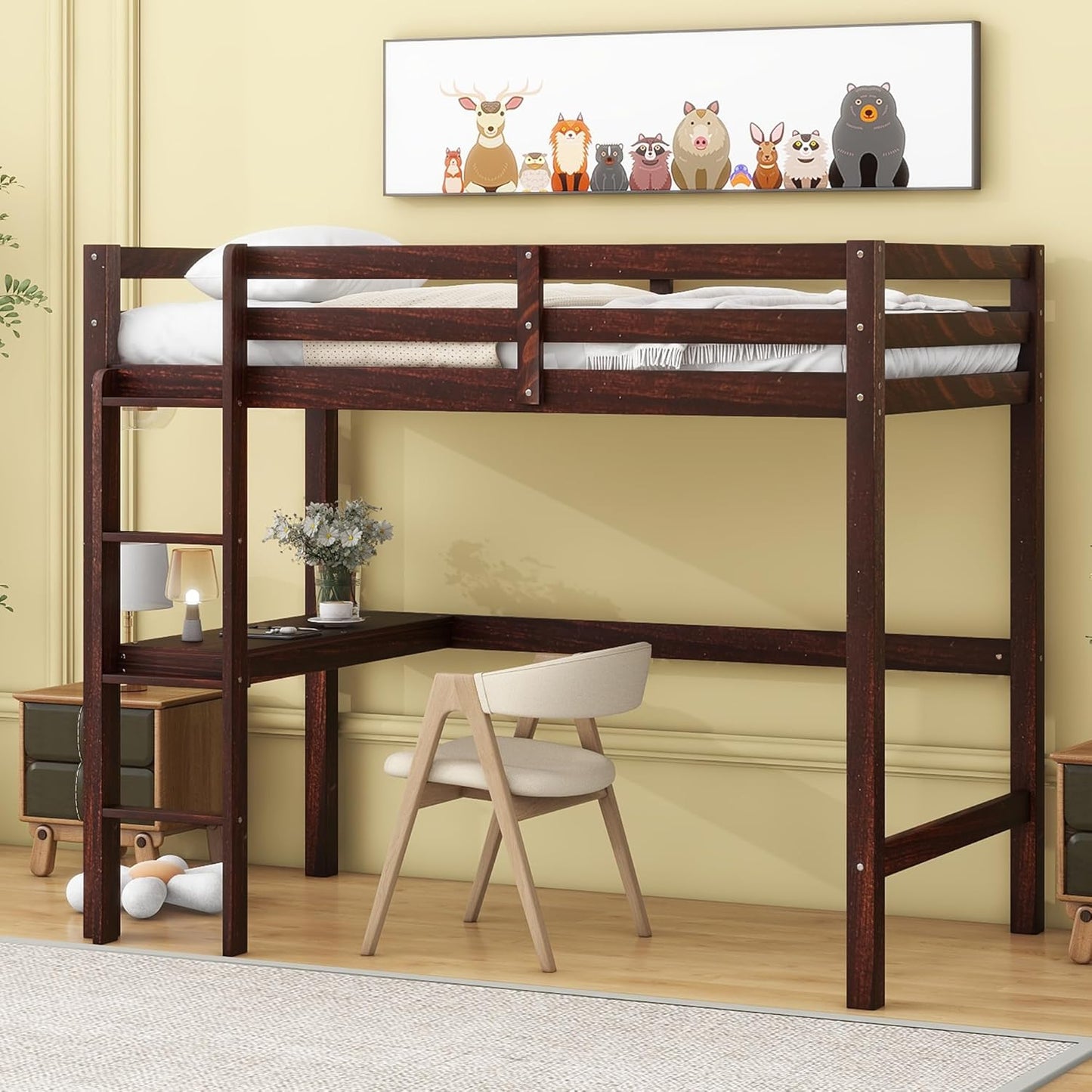 HomSof Modern Twin Loft Bed with Desk and Ladder,Ideal for Small Bedrooms,Espresso