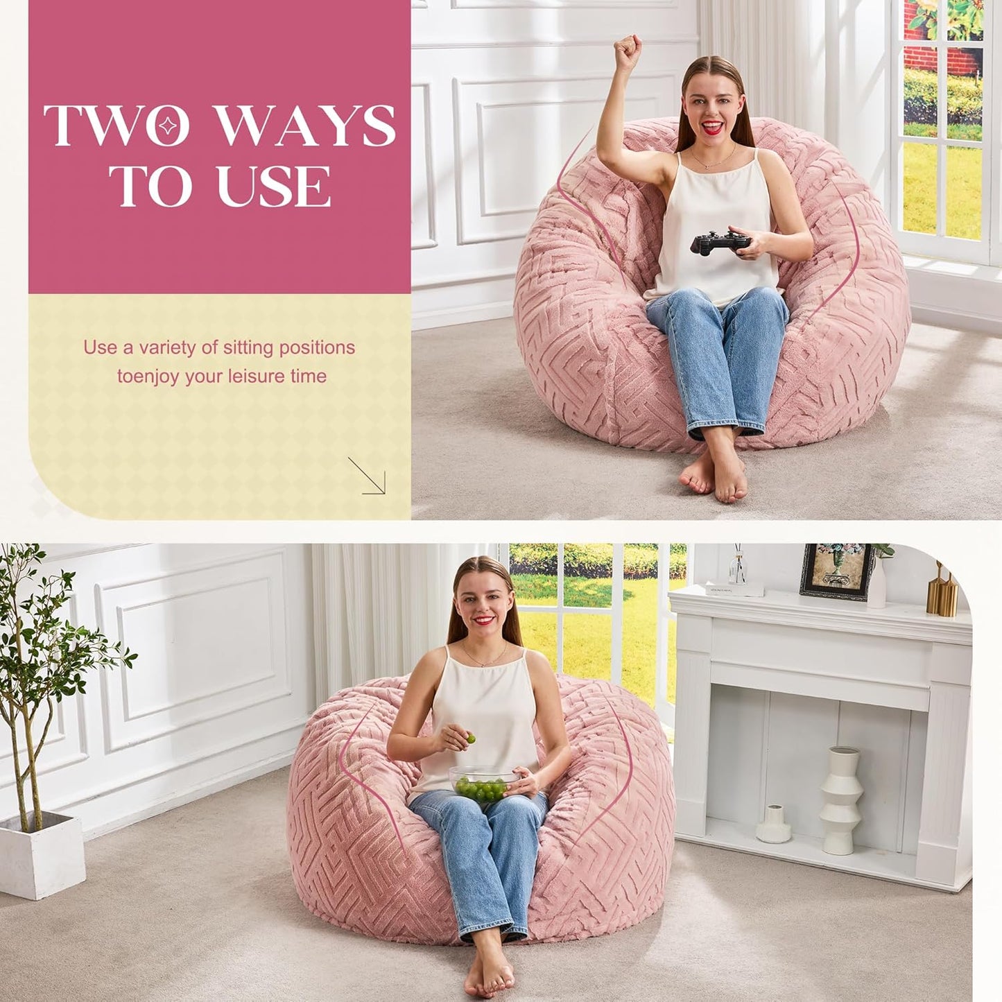 Hobestluk Bean Bag Chairs Adults Beanbag Chair with Filler Large Bean Bags with Fluffy Embossed Cover, Giant Bean Bag Chairs for Adults (Pink, 3FT - 36” x 36” x 22”)