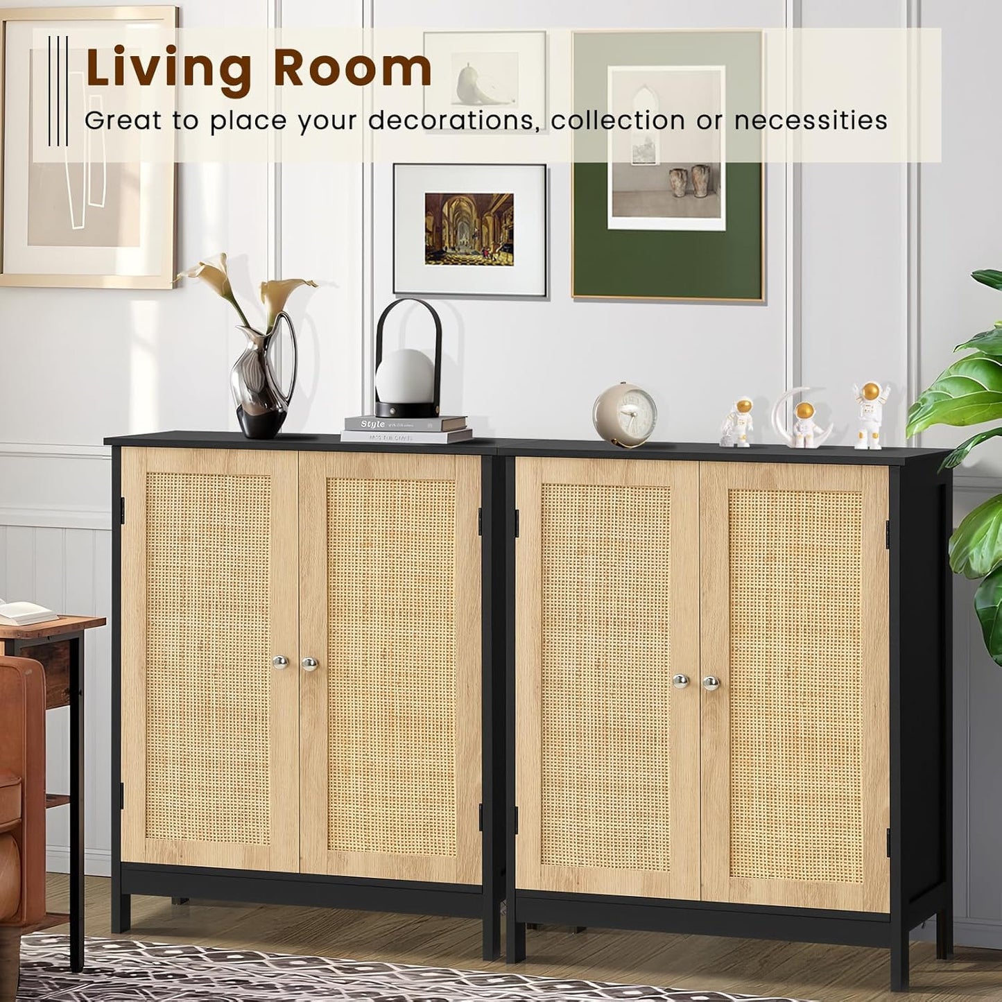 Iwell Storage Cabinet with Rattan Doors, Bathroom Storage Cabinet with Adjustable Shelf, Floor Cabinet for Living Room, Entryway, Kitchen, Home Office, Black