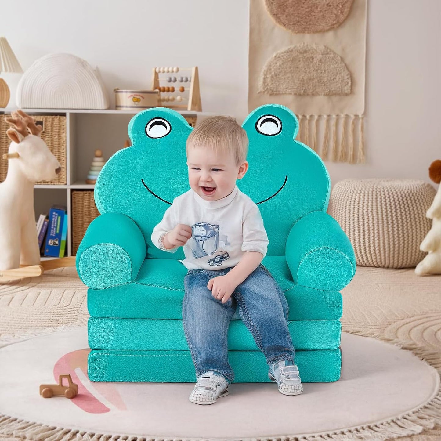 Kids Sofa Comfy, Adorable Animal Toddler Chair, Foldable Kids Couch with Removable Washable Cover, Soft & Breathable Fabric, No Assembly Needed, Foldable Baby Sofa(Green Frog)