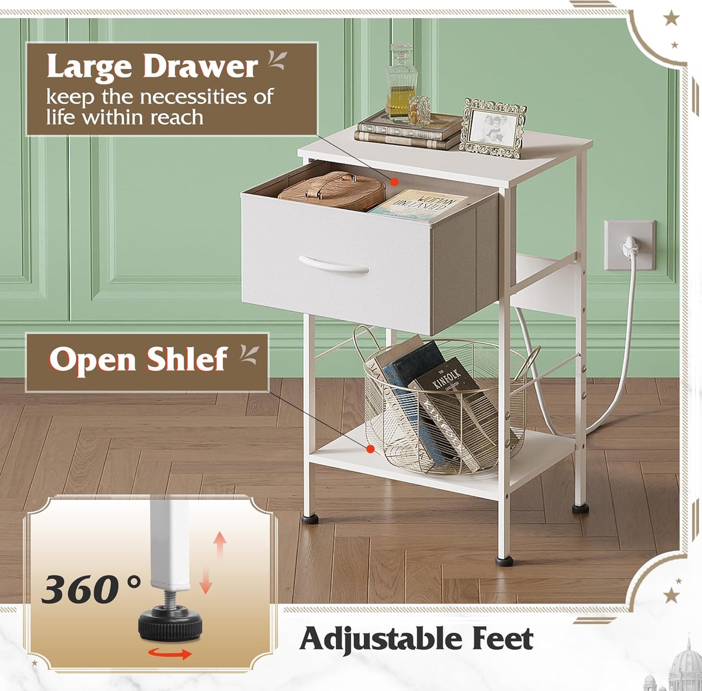 WLIVE Nightstand with Charging Station, 25" H Nightstand with 1 Fabric Drawer and Open Wood Shelf, Bed Side Table for Bedroom, 2-Tier Storage End Table, Small Dresser for Dorm, Entryway, White