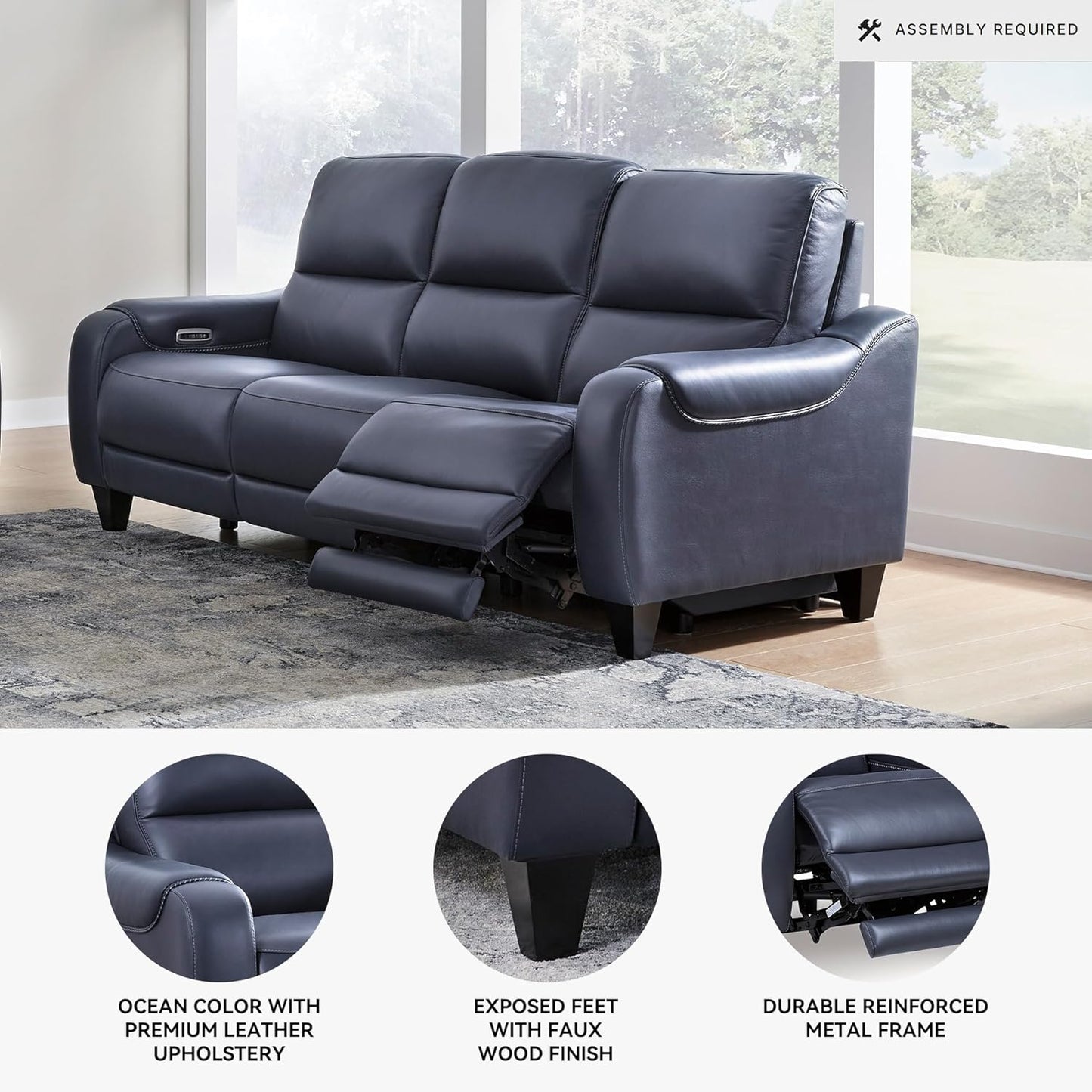 Signature Design by Ashley Mercomatic Contemporary Leather Match Wall Hugger Power Reclining Sofa with Adjustable Headrest and USB Ports, Blue