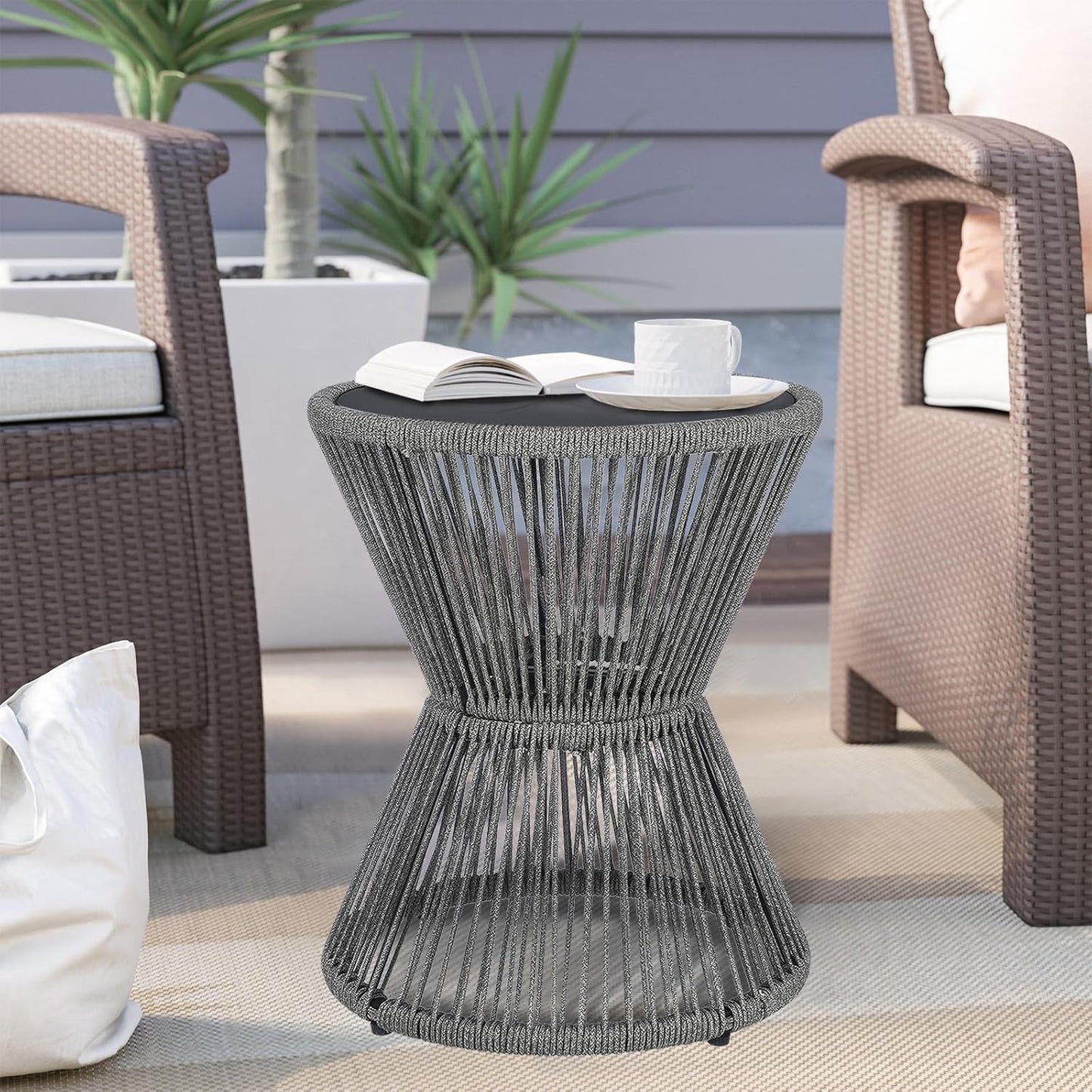 LEWIS&WAYNE Small Outdoor Side Table Patio 20’’ H Woven Rope Hourglass End Table with Glass Top Round Coffee Table for Living Room Outdoor Patio Backyard Poolside (Gray)
