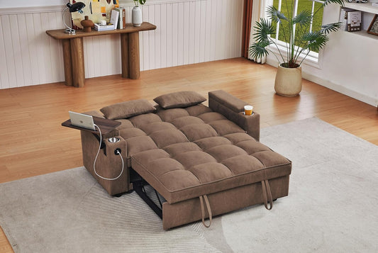 65-inch Multifunctional Loveseat Pull Out Sleeper Sofabed W/Cupholders, Oversized 3-in-1 Convertible Love Seat with Pull-Out Sleeper Couch Bed, Storage, USB Ports, Side Table for Living Room Bedroom
