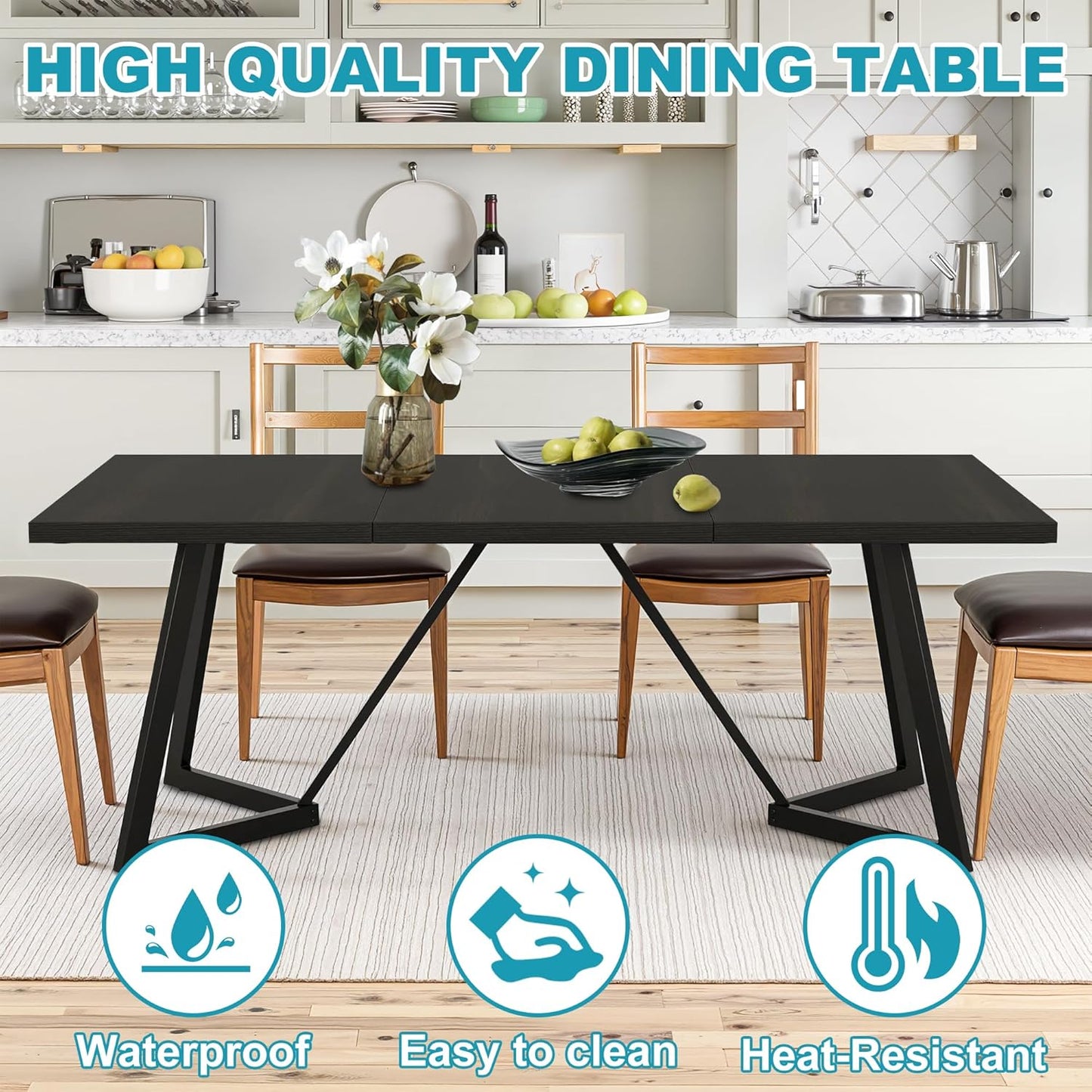 71" Dining Table for 6-8, Farmhouse Dinner Table with Wooden Tabletop and Metal Frame Base, Rectangular Kitchen Tables for Dining Room, Kitchen, Living Room, Black