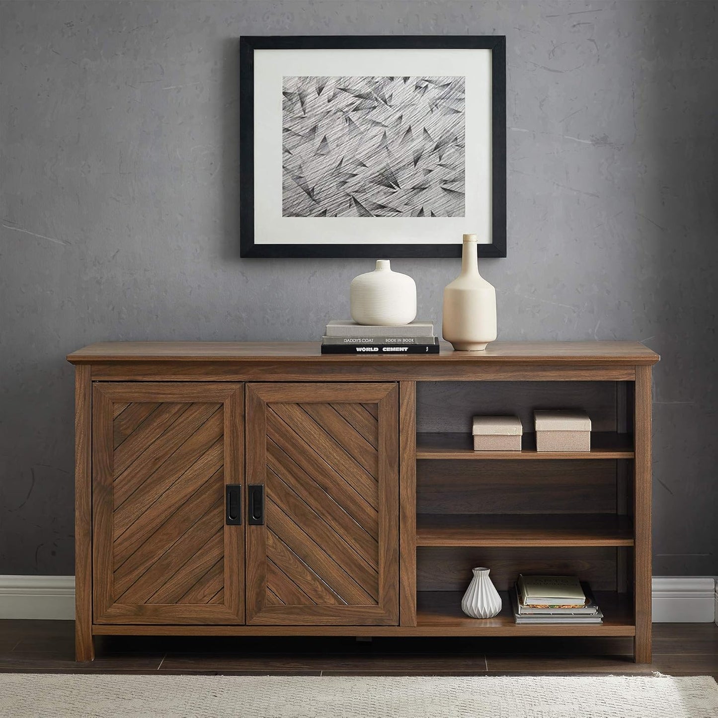 Walker Edison Modern Wood Grooved Buffet Sideboard with Open Storage-Entryway Serving Storage Cabinet Doors-Dining Room Console, 58 Inch, Dark Walnut