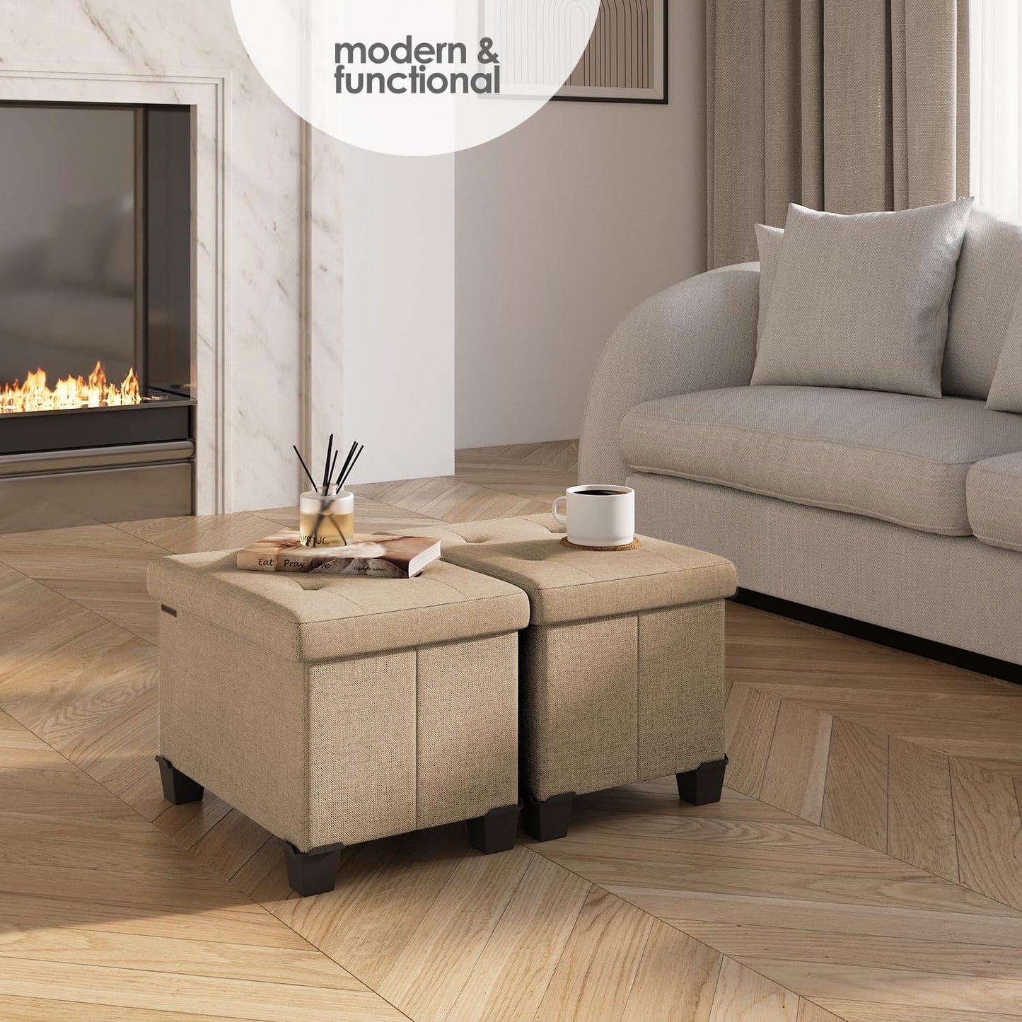 STORAGEBUD Storage Ottoman Cube with Small Bin, 16-in Square Ottoman with Storage for Living Room and Bedroom, Small Ottomans Foot Rest, Fabric Foot Stools Ottomans Max 330lbs, Taupe