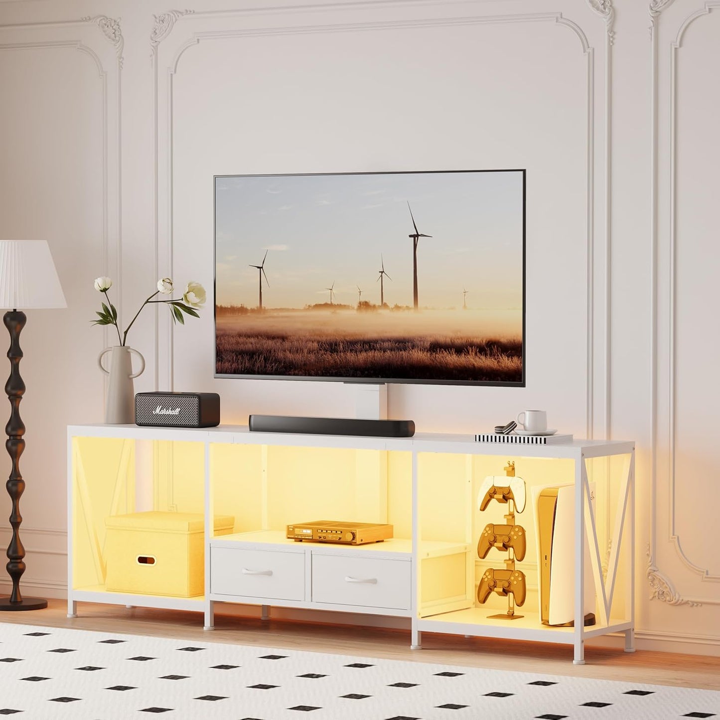 63" W TV Stand with Mount for 55,65,75" TV,Entertainment Center with Power Outlet and Led Lights,Height Adjustable TV Console Table with Open Storage Shelves and Fabric Drawers (White, 63" W)