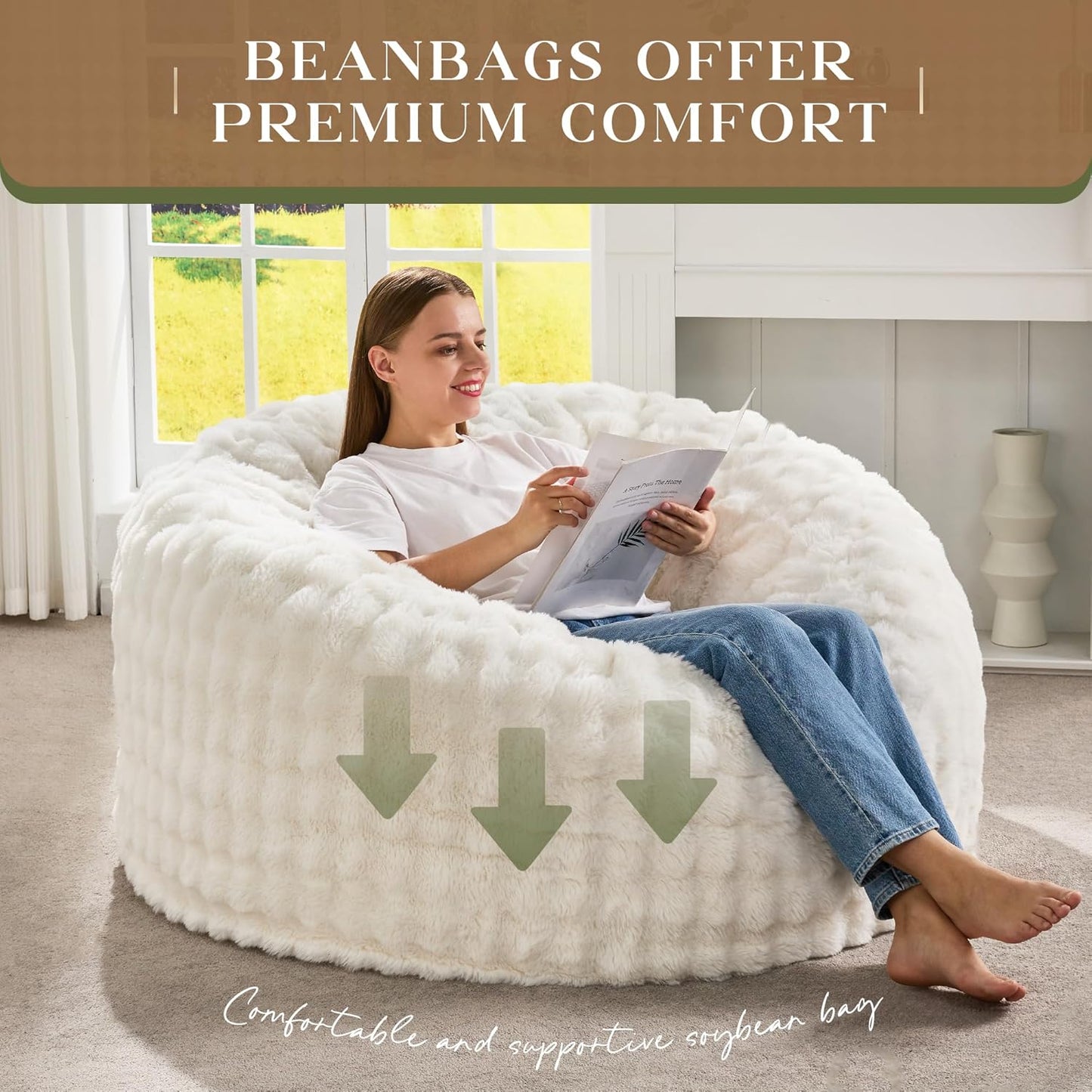 Hobestluk Bean Bag Chairs Beanbag Chair with Filler Adult Bean Bags with Fluffy & Machine Washable Cover, Giant Bean Bag Chairs for Adults (White, 3FT-36" x 36" x 22")