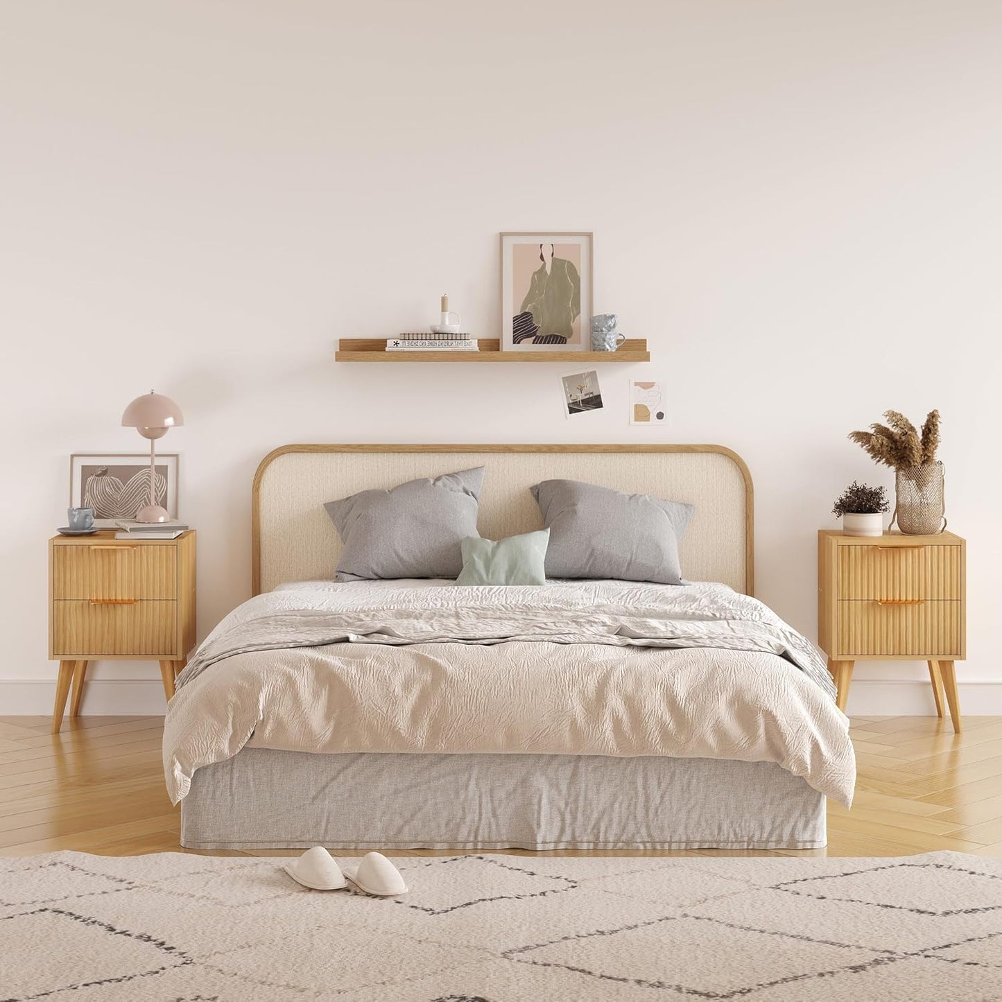 Fluted Nightstand with 2 Drawers,Modern Bedside Table with Metal Handles,White Side Table with Solid Wood Legs,Mid Century End Table for Living Room,Bedroom,Natural CTG55Y