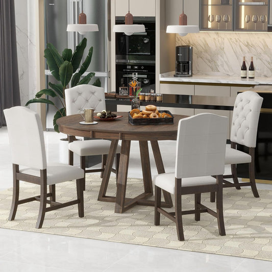 Ball & Cast 5 Piece Dining Table Set with 4 Upholstered Chairs,Living Room Furniture W/ 42" Table,Tabletop Can be Adjusted from Round to Oval in Shape,for Restaurant,Home Bistro,Walnut