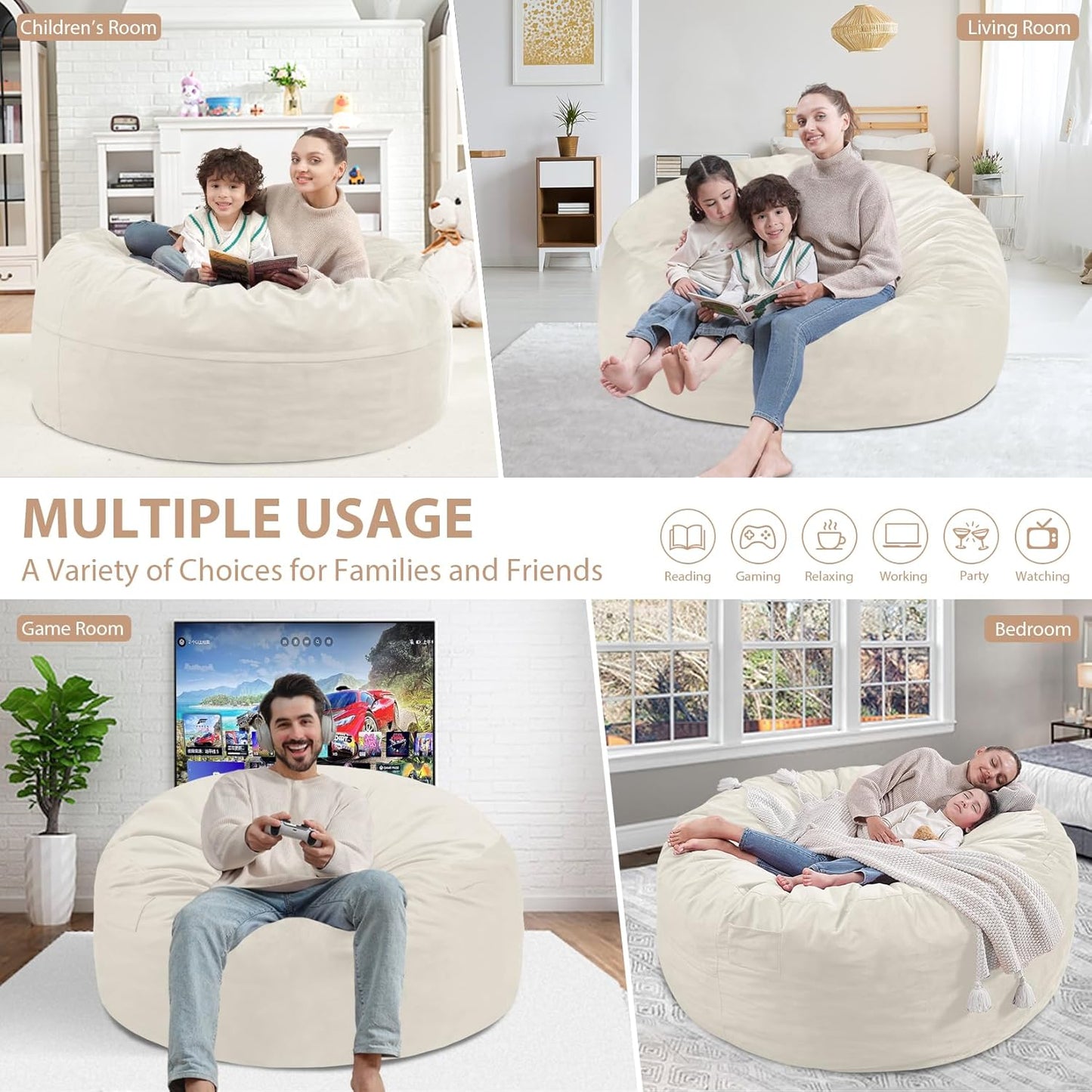 3FT Bean Bag Chair, Comfy Bean Bag Chairs with Memory Foam Filled, Fluffy Beanbag Sofa with Dutch Velvet Cover, Round BeanBag Chairs for Living Room, Playroom - Beige