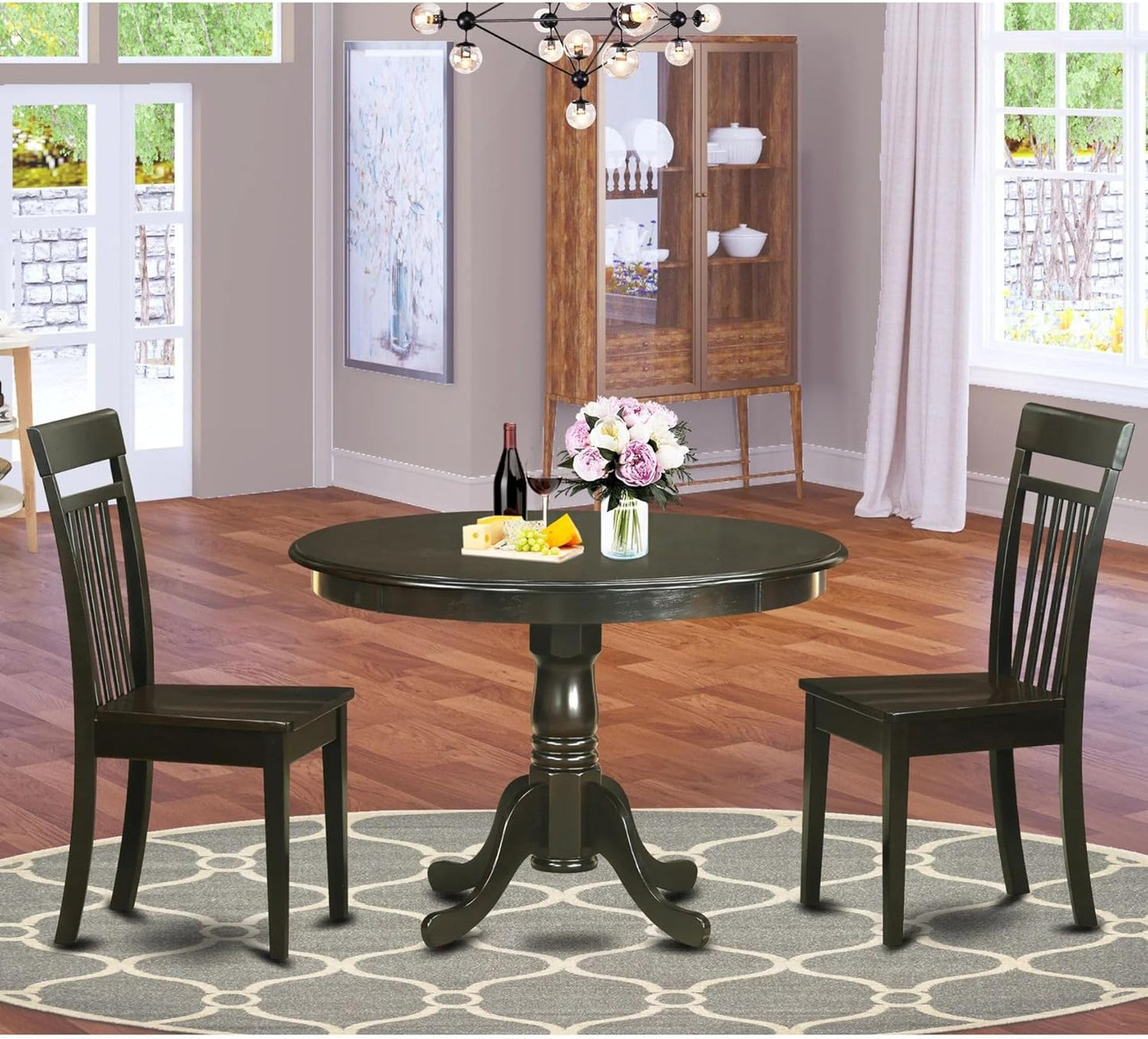 East West Furniture HLCA3-CAP-W 3 Piece Dining Set Contains a Round Dining Room Table with Pedestal and 2 Kitchen Chairs, 42x42 Inch, Cappuccino