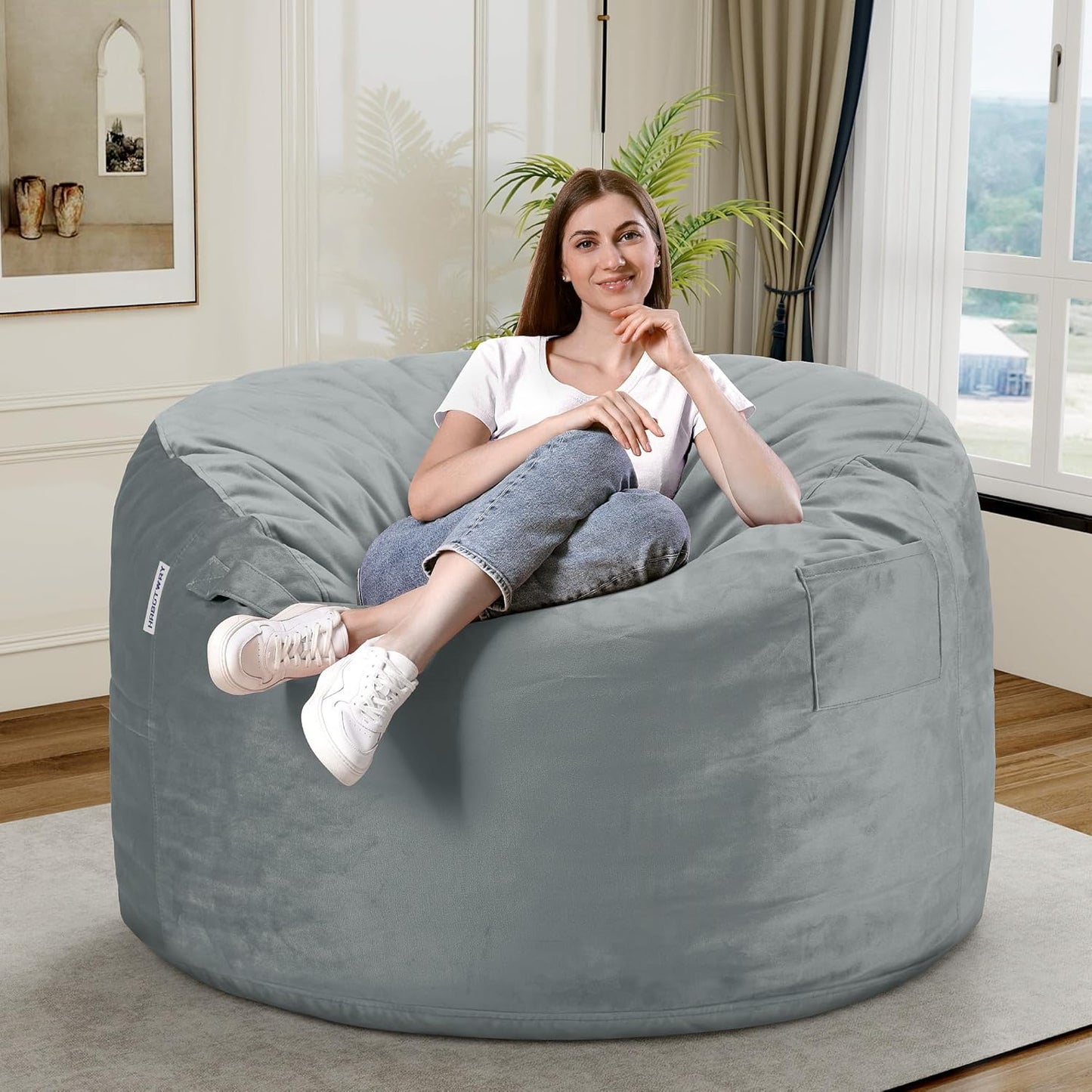 HABUTWAY Bean Bag Chair 3Ft Luxurious Velvet Ultra Soft Fur with High Rebound Memory Foam Bean Bag Chairs for Adults Plush Lazy Sofa with Fluffy Sponge 3' (Light Grey)